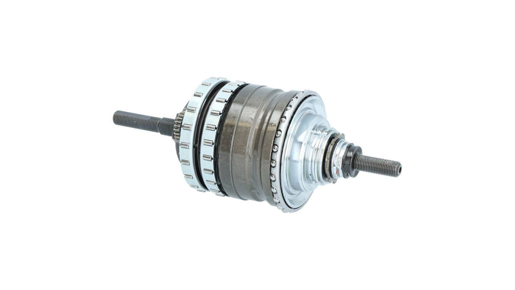 Eine Nahaufnahme der SHIMANO SG-S7001-11 Getriebeeinheit zeigt die inneren Metallzahnräder, Lager und Achsen vor einem weißen Hintergrund.