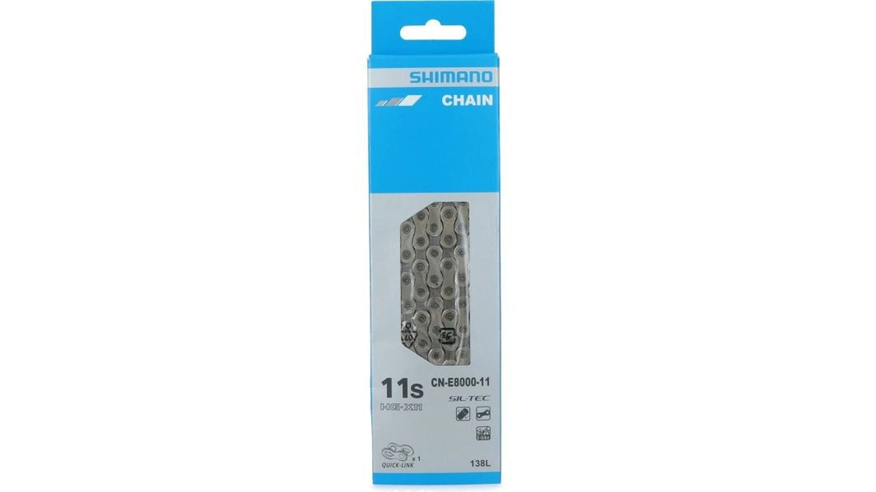 Blaue und graue SHIMANO-Verpackung für die Shimano CN-E8000 138 Glieder 11-fach E-Bike Kette, mit einem Vorschaufenster, das einen Teil der Elektrofahrrad Kette im Inneren zeigt.