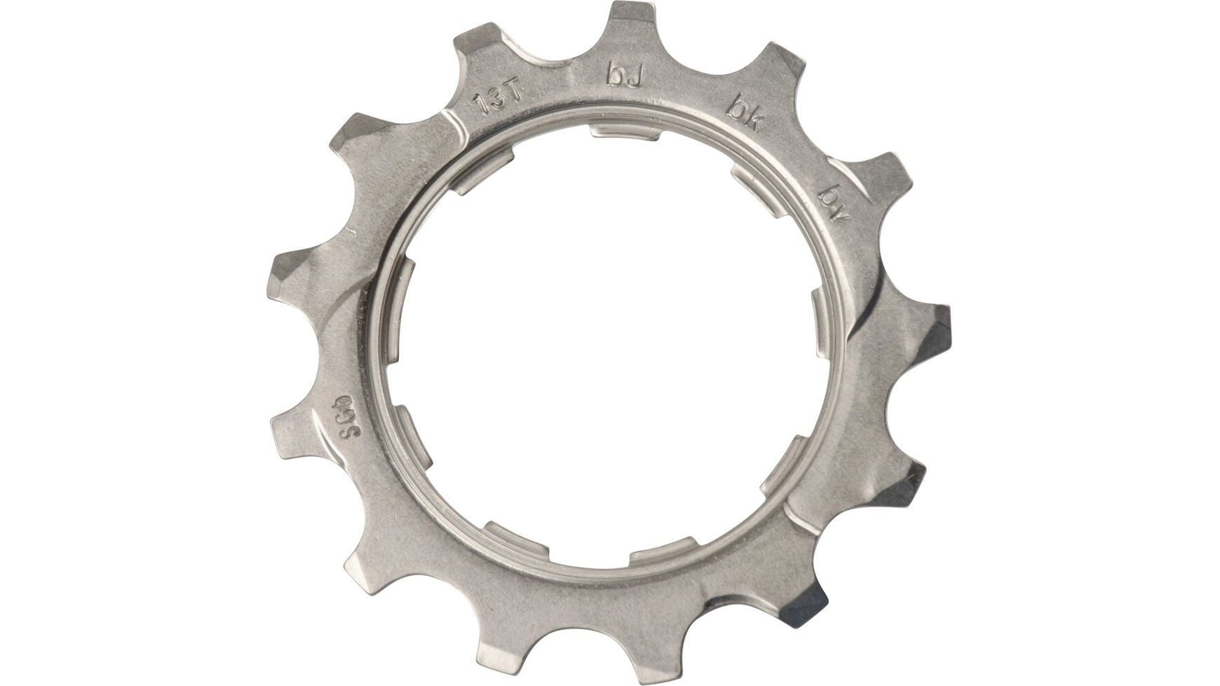 Ein silbernes SHIMANO CS-HG50-10 13-Zähne Ritzel, von oben auf weißem Hintergrund abgebildet, verfügt über Kerben am inneren Rand und Markierungen für die Befestigung von 10-Gang-Kassetten.