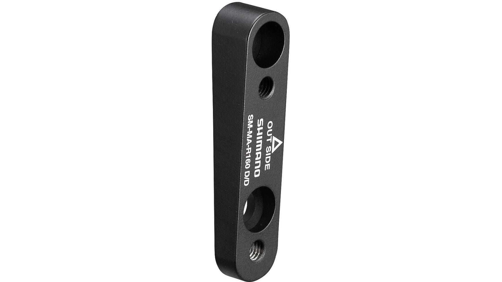 Der SHIMANO Flachmontageadapter 160 mm ist ein schwarzer Metalladapter mit drei Löchern und weißer Beschriftung, einschließlich "OUTSIDE" und "SHIMANO", auf weißem Hintergrund.