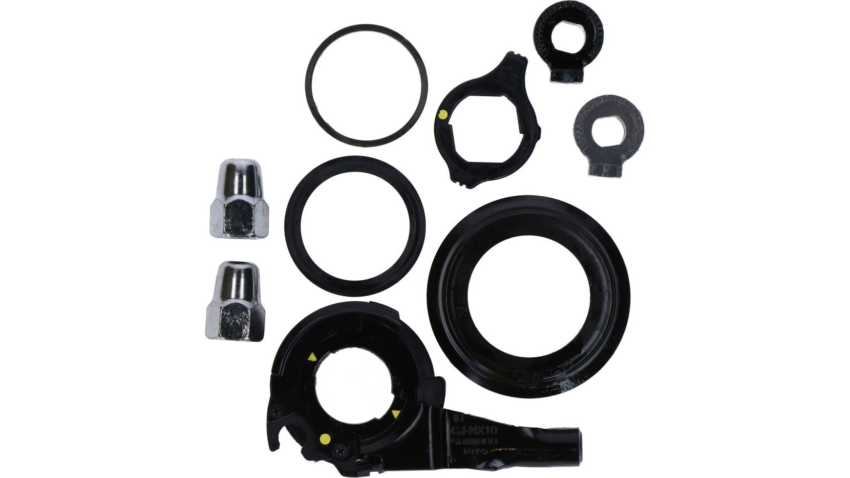 Verschiedene schwarze und silberne Metallteile für Kraftfahrzeuge, darunter Ringe, Muttern und ein Hebel für SHIMANO SM-7C25 7R/7L Kleinteile, sind auf einem weißen Hintergrund angeordnet.