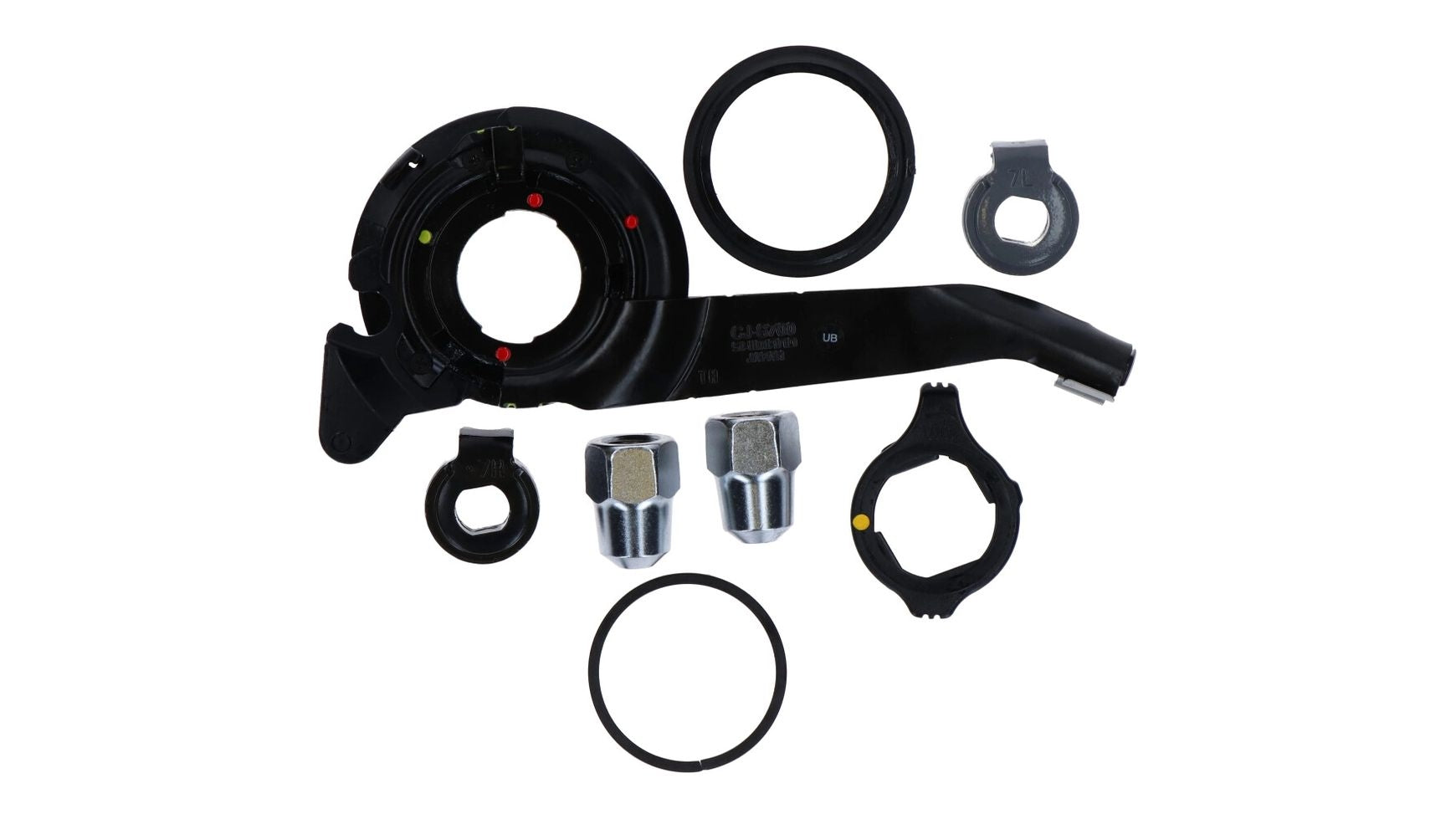Ein Satz schwarzer und metallischer SHIMANO-Autoteile, einschließlich kreisförmiger Ringe, verchromter Sechskantmuttern und schwarzer Kunststoffteile aus dem Shimano SM-S700 8R/8L Kleinteile-Set, dargestellt auf weißem Hintergrund.