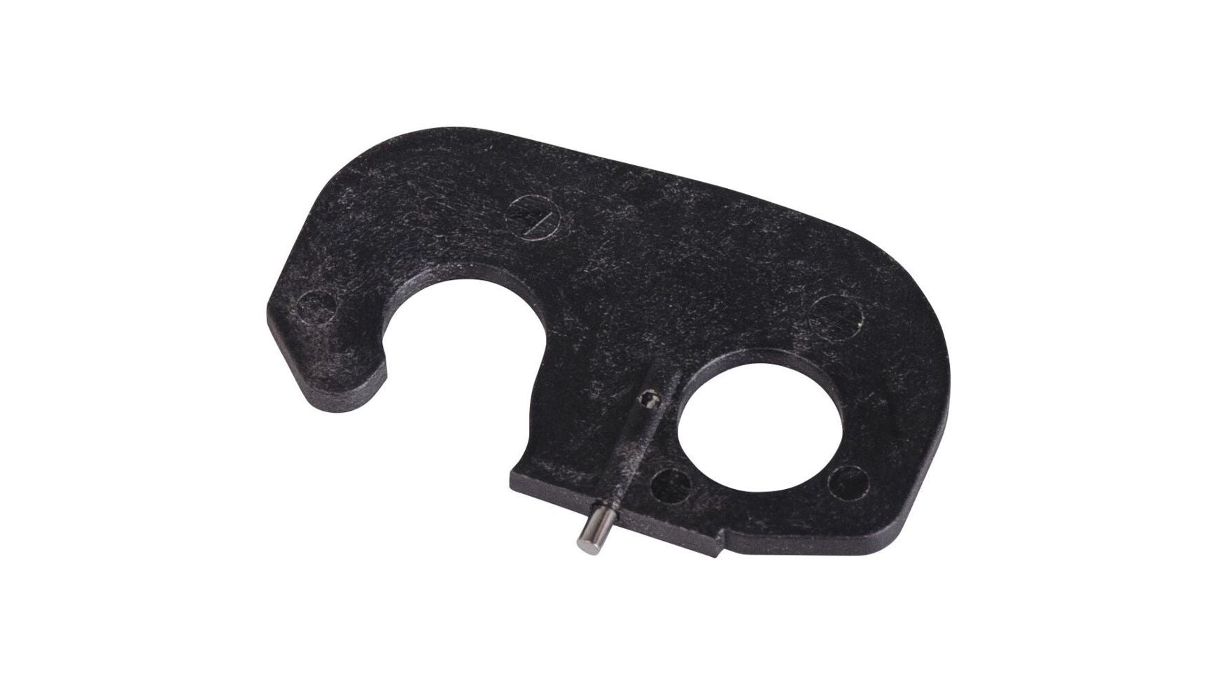 Schwarze Kunststoff Shimano Sicherungsplatte FC-M580 Ersatzteil von SHIMANO, mit zwei unterschiedlich großen kreisförmigen Öffnungen (eine randoffen, eine geschlossen), einem kleinen Metallstift und strukturierter Oberfläche. Isoliert auf weißem Hintergrund abgebildet.