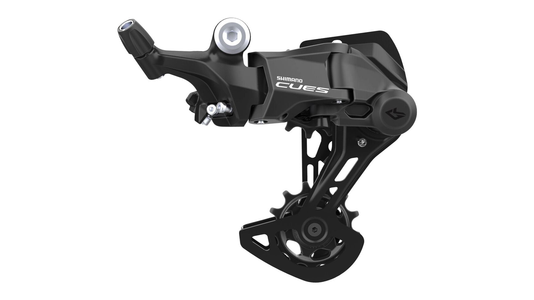 Ein schwarzes SHIMANO CUES RD-U4000 9-fach-Schaltwerk mit sichtbaren Umlenkrollen und Einstellschrauben, das mit der LINKGLIDE-Technologie ausgestattet ist, wird vor einem weißen Hintergrund gezeigt.