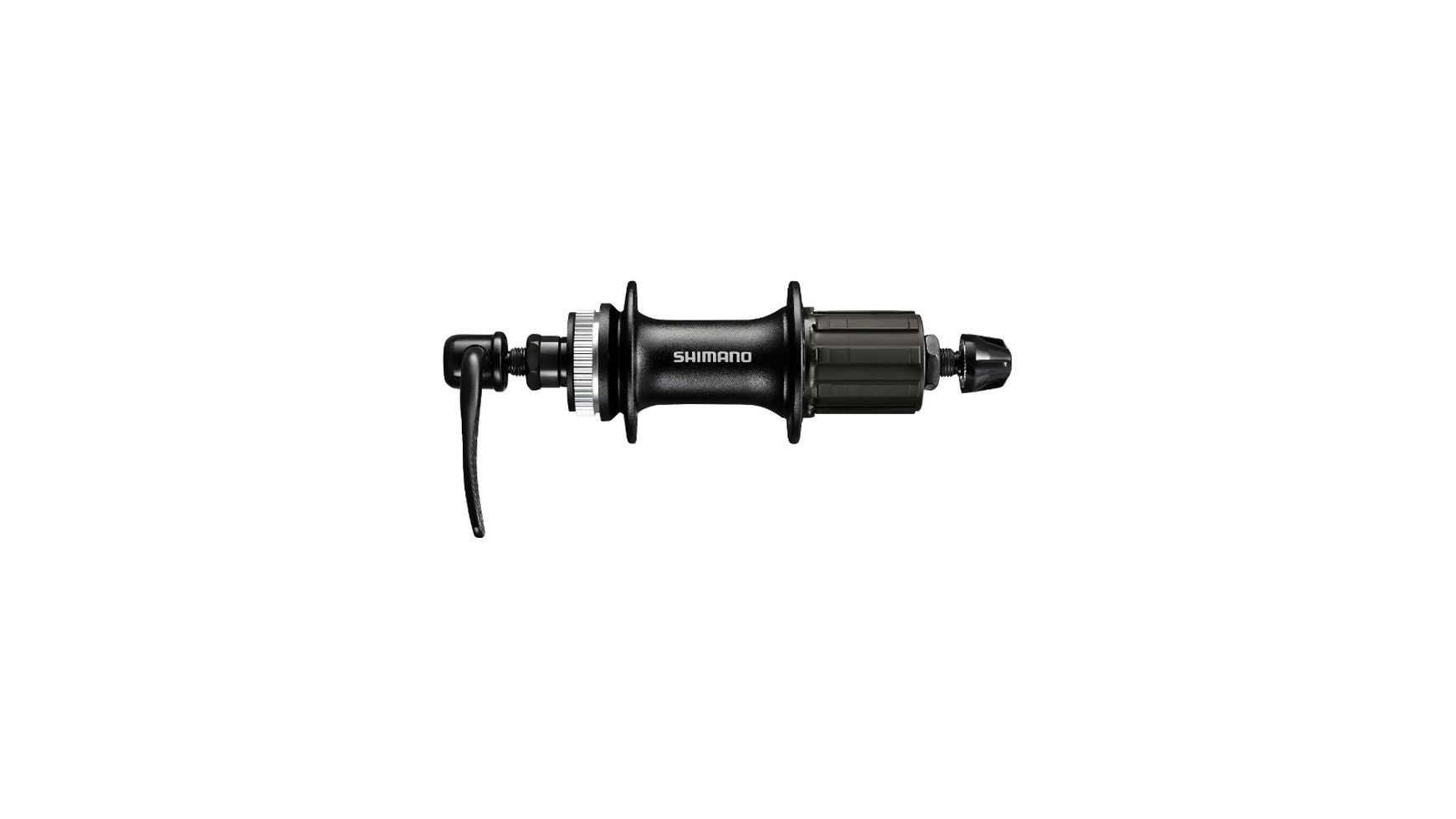 Die SHIMANO FH-M3050 8-/9-fach Nabe ist eine schwarze Hinterradnabe mit Schnellspannhebel, Achse und Freilaufkörper für Center-Lock-Scheibenbremsen, abgebildet vor einem weißen Hintergrund.