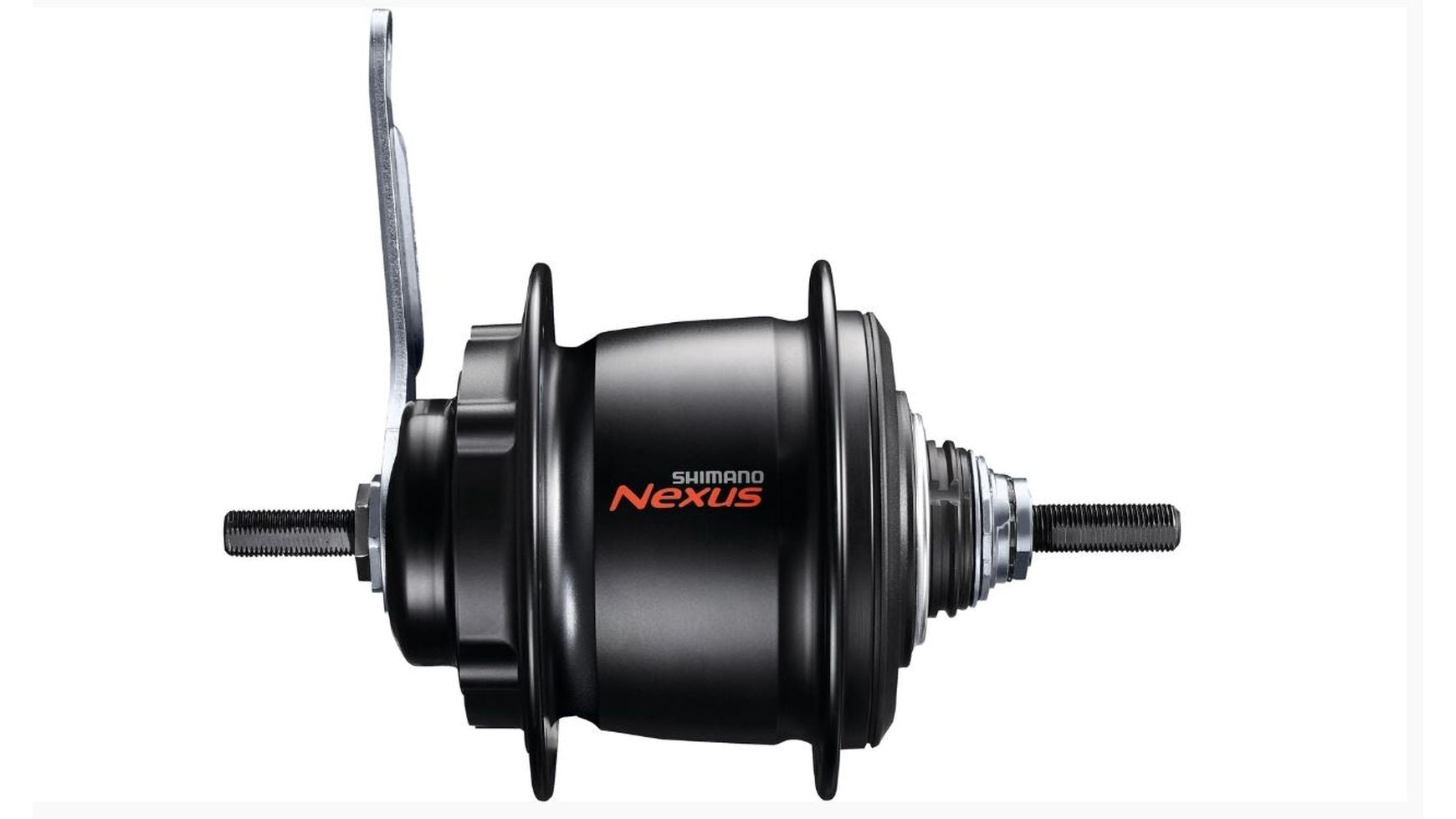 Eine schwarze SHIMANO NEXUS SG-C60018 Getriebenabe mit silbernem Hebel und sichtbaren Seitenbolzen, dargestellt auf weißem Hintergrund.