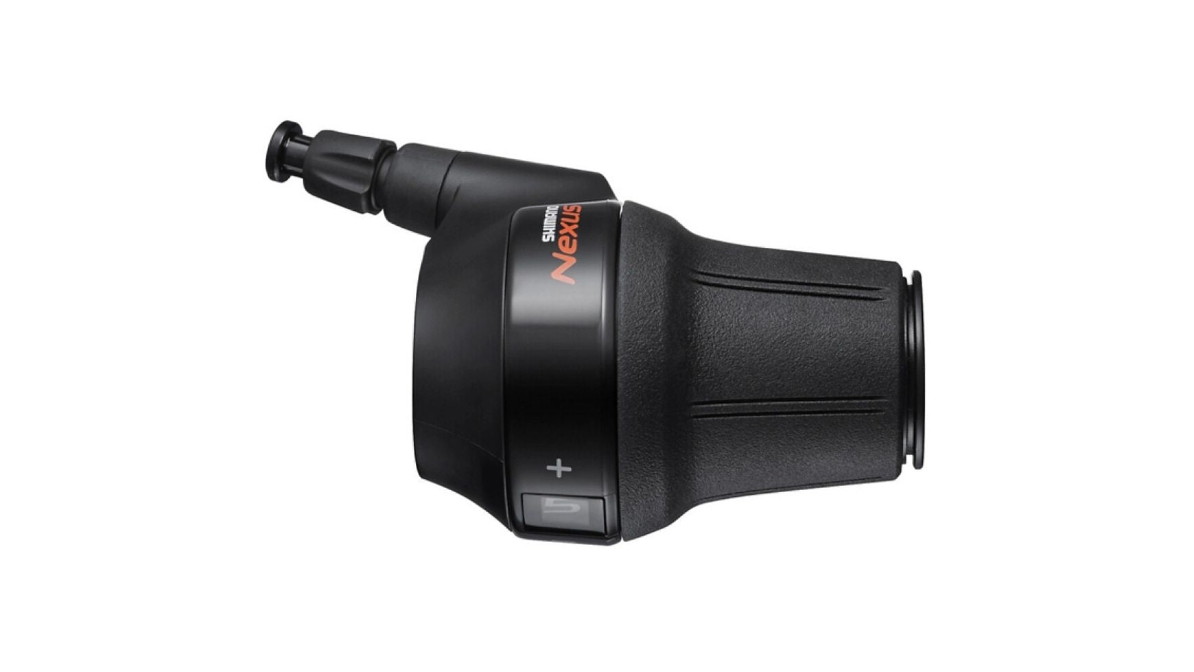 Ein SHIMANO NEXUS SL-C7000 5-f Drehgriffschalter in Schwarz mit griffiger Oberfläche, optischer Ganganzeige sowie Plus- und Minus-Tasten ist auf weißem Hintergrund zu sehen.
