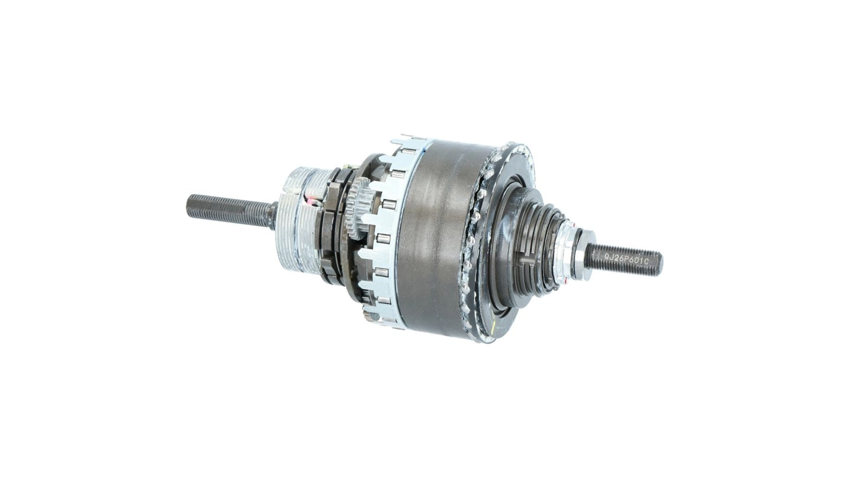 Eine Nahaufnahme der SHIMANO SG-C6001-8C Getriebeeinheit zeigt mehrere Metallzahnräder und Achsen auf beiden Seiten vor einem weißen Hintergrund.
