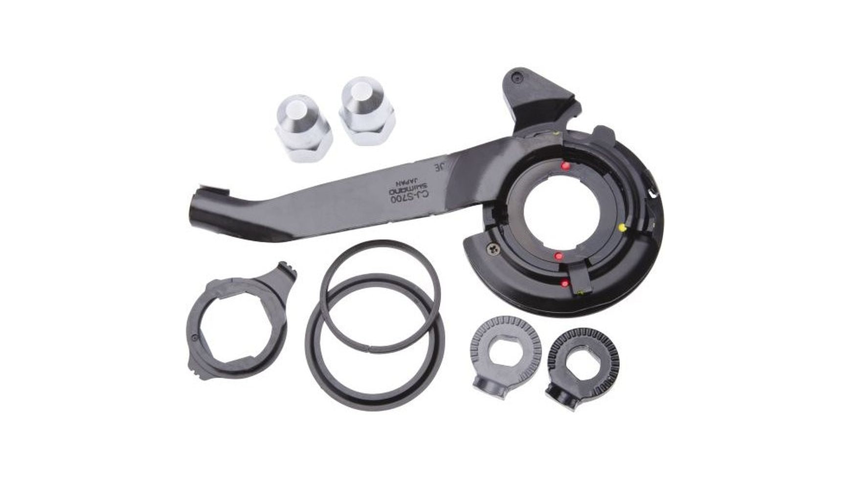 Assortierte schwarze und silberne Shimano SM-S7000-8 7R/7L Kleinteile-Schaltkomponenten von SHIMANO, darunter ein Schalthebel, Distanzstücke, Muttern und Ringe für die Alfine 8-Gang-Nabe, angeordnet auf weißem Hintergrund.