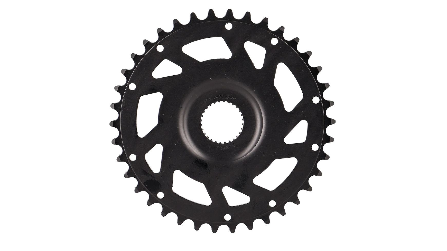 Ein STRONGLIGHT Stronglight Yamaha 38 Z. DM Direct-Mount Kettenblatt in schwarz mit gleichmäßigen Zahnabständen und mehreren mittigen Aussparungen für Yamaha Antriebe, dargestellt von oben auf weißem Hintergrund.