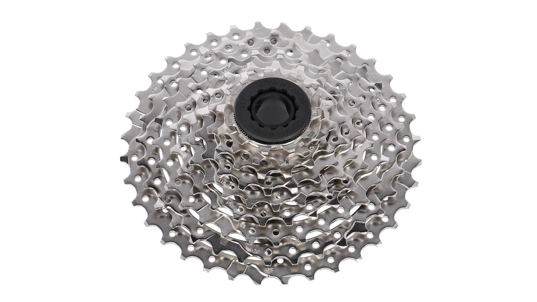 Eine Nahaufnahme einer SUNRACE Sunrace CSM98 9-fach Kassette mit mehreren kreisförmig angeordneten Metallkettenrädern vor weißem Hintergrund.