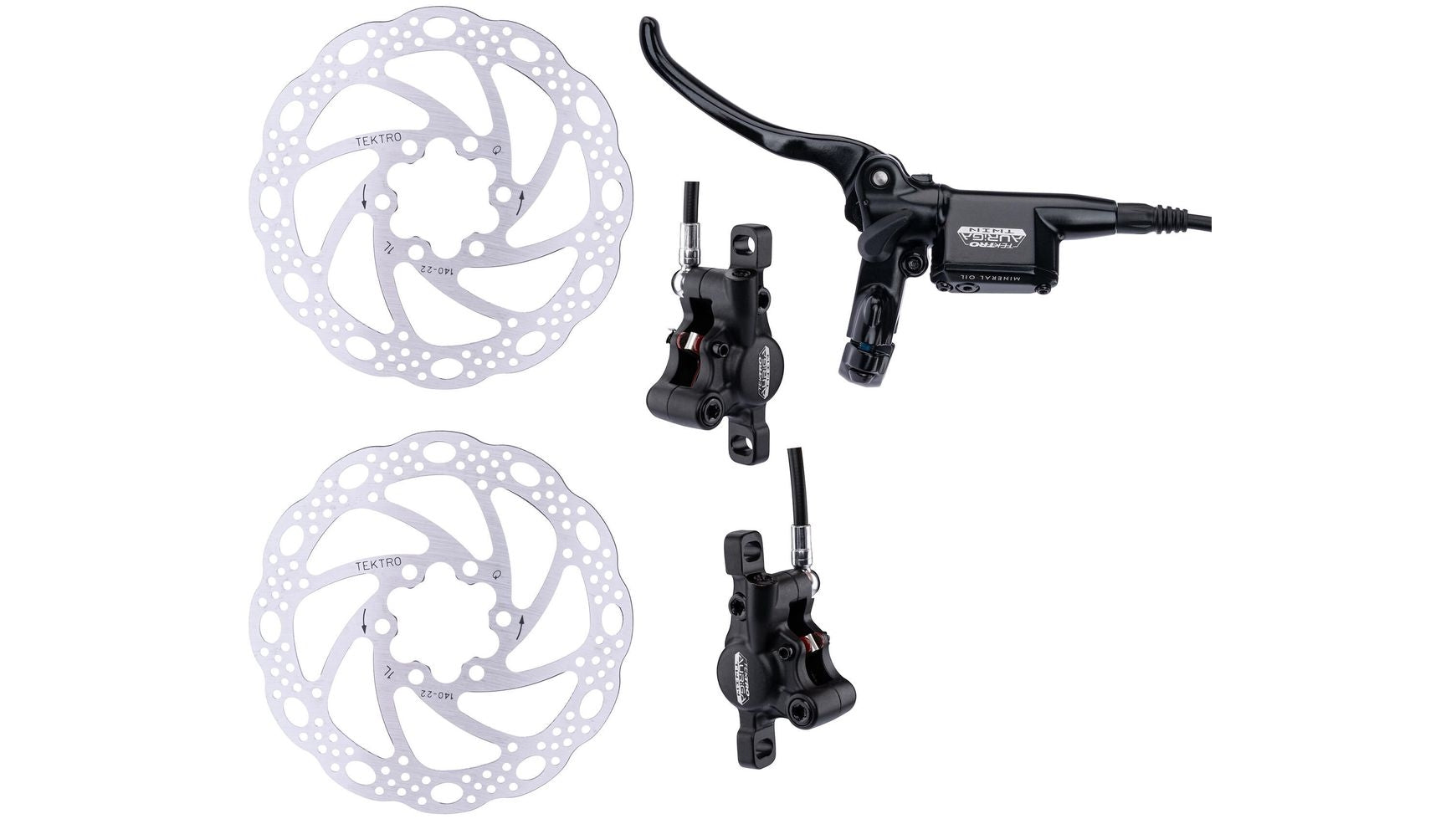 Das TEKTRO Auriga Twin Scheibenbremse Set, bestehend aus zwei silbernen Bremsscheiben, zwei schwarzen hydraulischen Bremssätteln und einem schwarzen Bremshebel mit Zügen für City Trekking Bikes, ist auf einem weißen Hintergrund abgebildet.