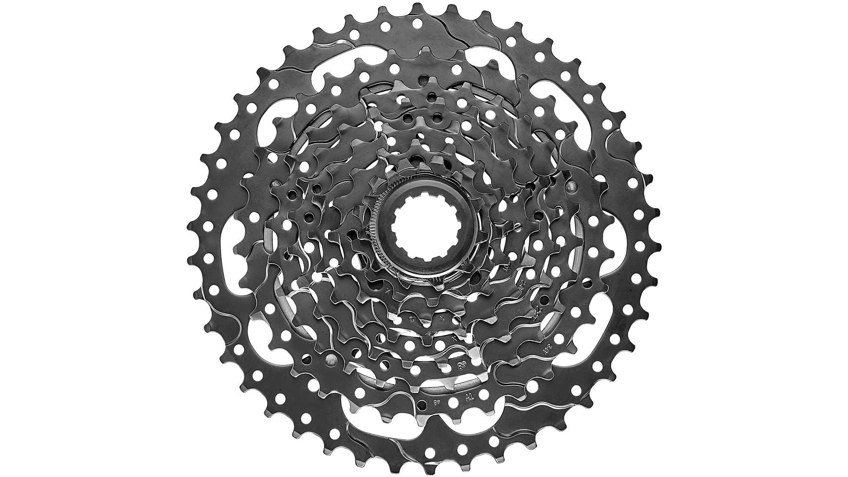 Die Nahaufnahme der TEKTRO E-Drive CS-M350-9 11-46 zeigt schwarze Metall-Ritzel in verschiedenen Größen, die kreisförmig angeordnet sind und sie zu einer idealen E-Bike-Kassette machen.