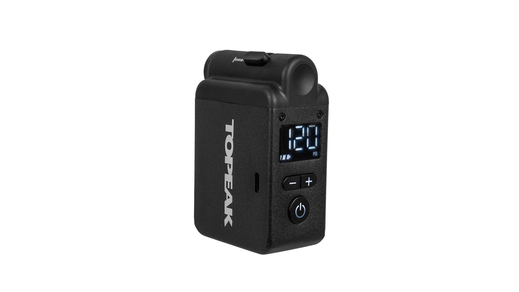 Die TOPEAK E-Booster Digital ist eine ultrakompakte, schwarze, elektronische Fahrradpumpe mit einer digitalen Anzeige (120), drei Tasten (Plus, Minus, Power), einem SmartHead-Anschluss und dem TOPEAK-Logo auf der Seite.