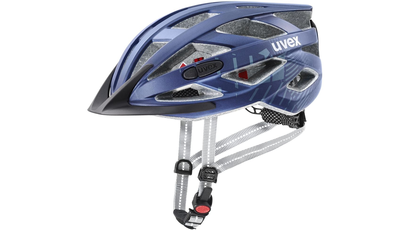 Ein UVEX City i-vo Urbanhelm in Blau und Grau mit Belüftungslöchern, verstellbaren Riemen und einer sicheren Schnalle ist in der Seitenansicht vor weißem Hintergrund zu sehen.