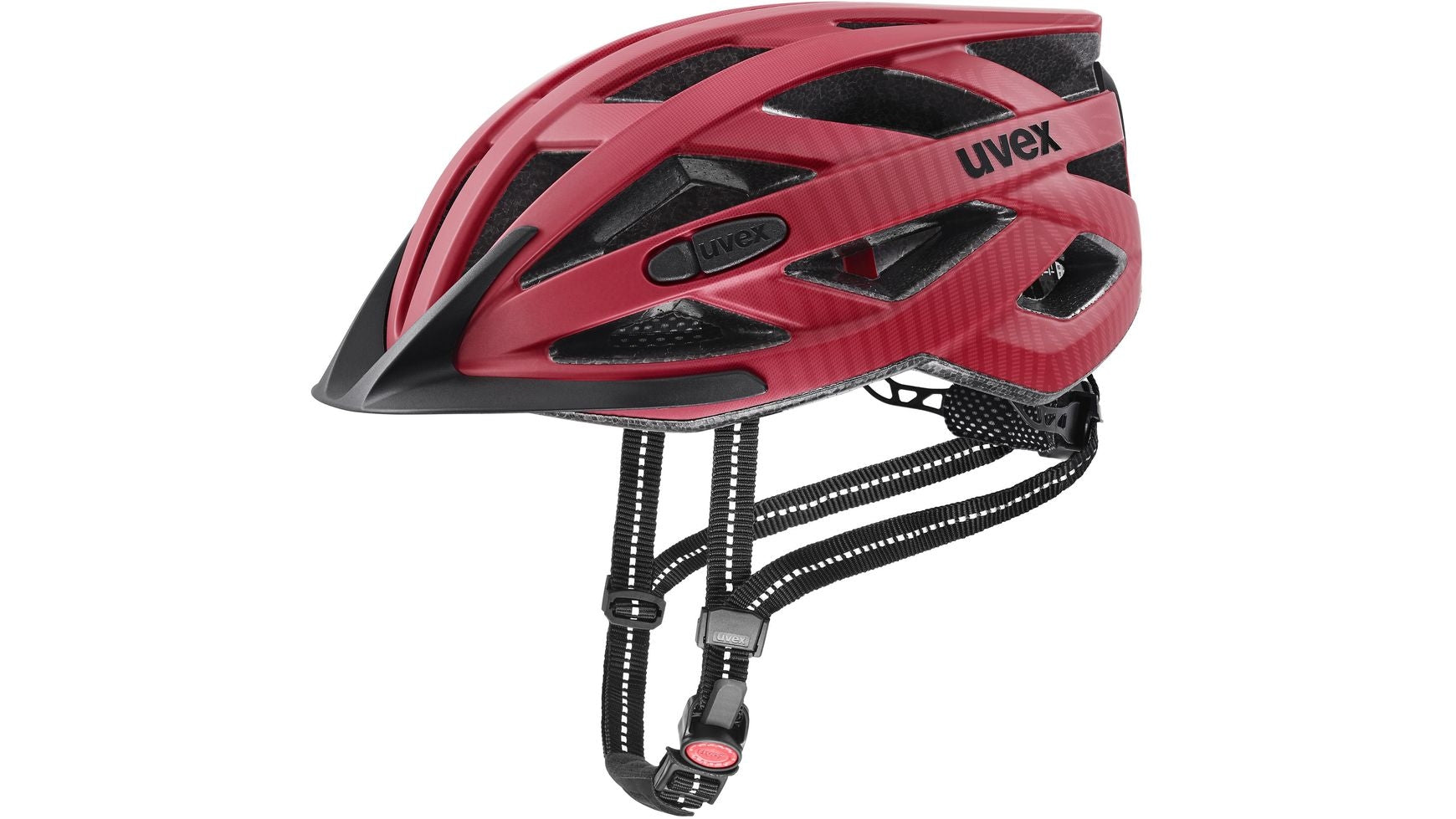 Der UVEX City i-vo Urbanhelm ist ein rot-schwarzer Fahrradhelm mit mehreren Belüftungsöffnungen, einem schwarzen, verstellbaren Visier und schwarzen, schnell zu öffnenden Kinnriemen.