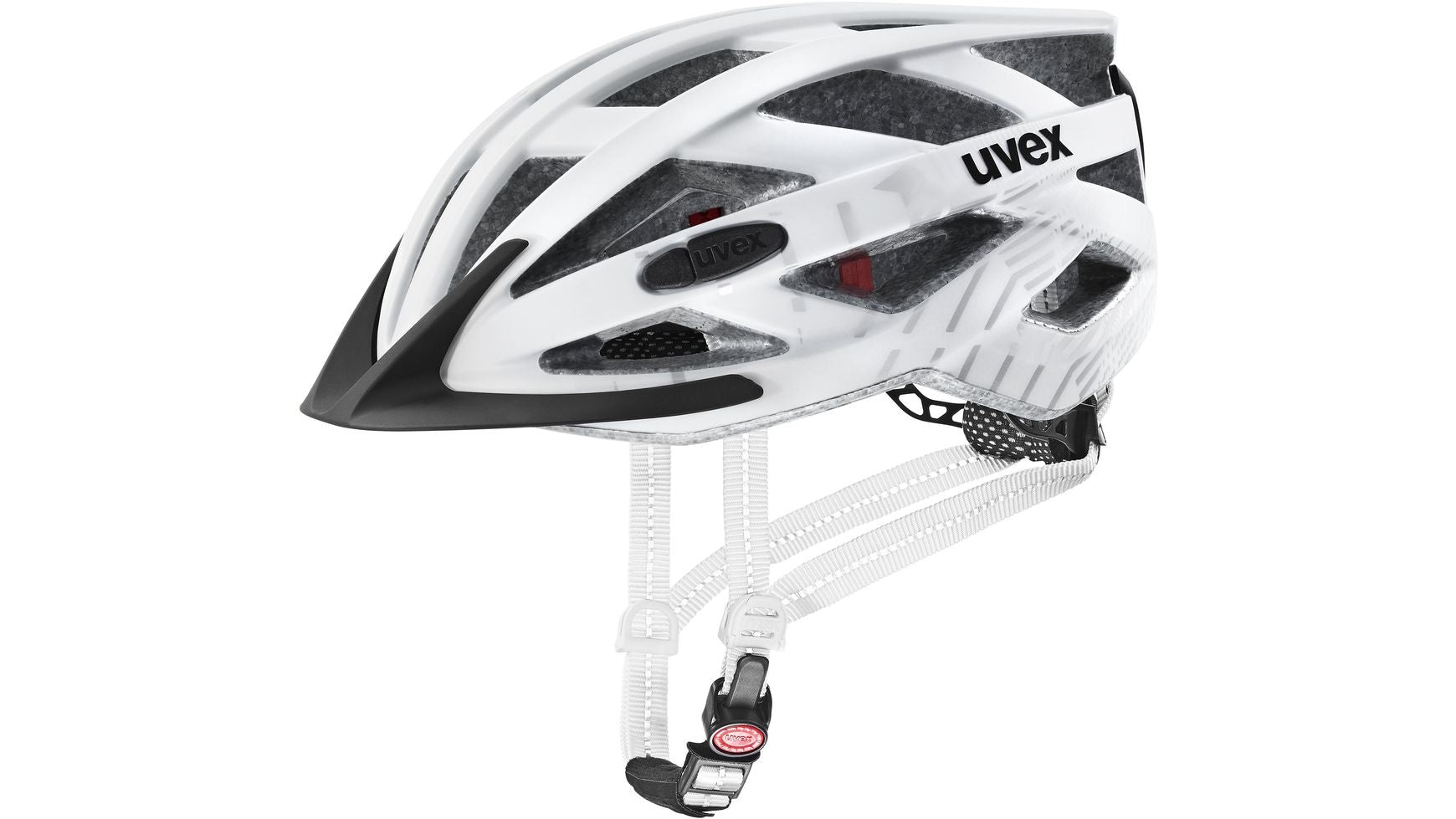 Der UVEX City i-vo Urbanhelm ist ein weiß-schwarzer Helm mit mehreren Belüftungsöffnungen, einem schwarzen Visier und verstellbaren weißen Riemen mit roter Verschlussschnalle.