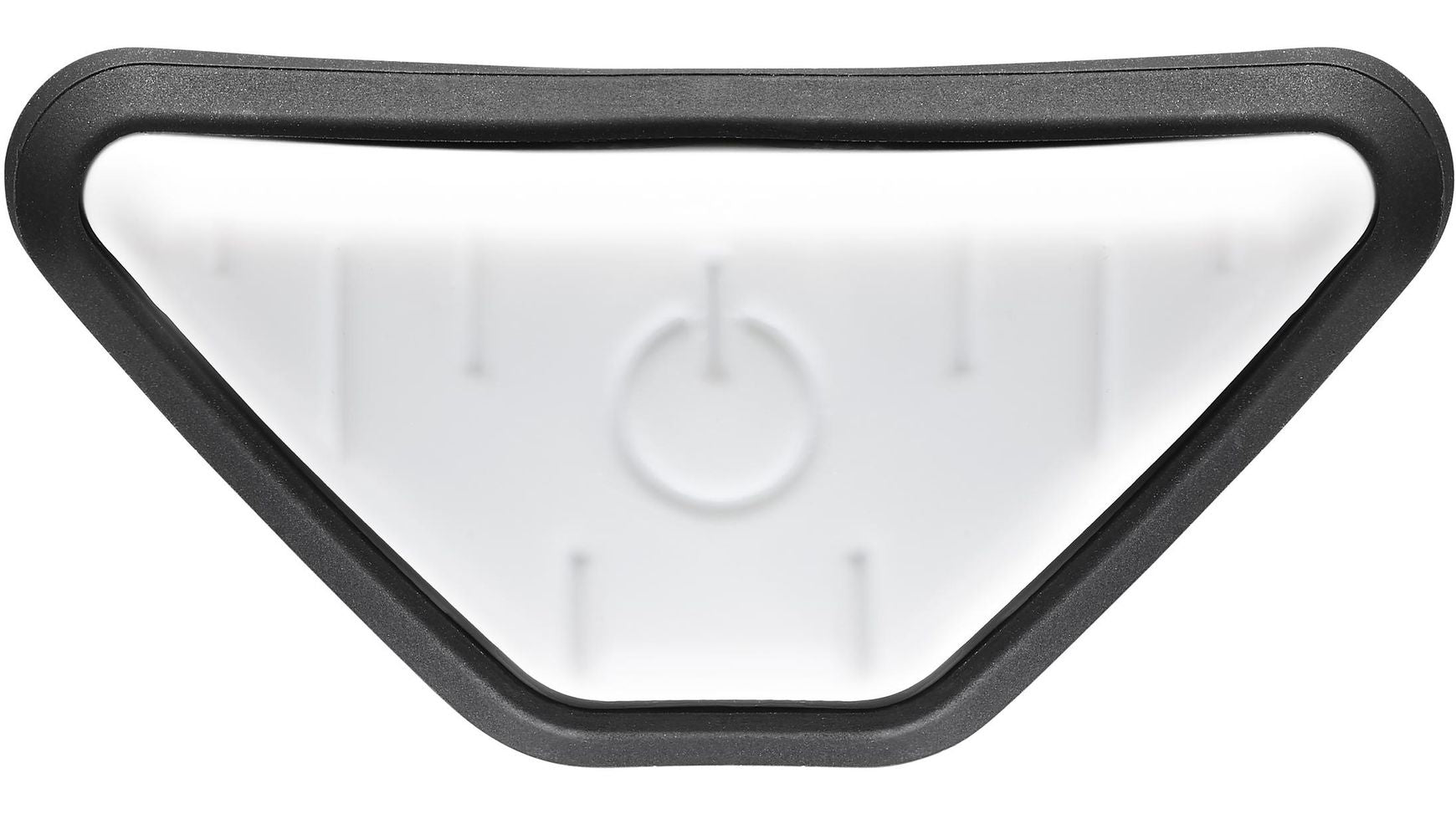 Der Uvex Plug-in LED von UVEX ist ein dreieckiger weißer Knopf mit schwarzem Rand, der mit einem schwachen Stromsymbol und kleinen Einkerbungen versehen ist, um die Sichtbarkeit bei der Fahrradhelm Beleuchtung im Straßenverkehr zu verbessern.