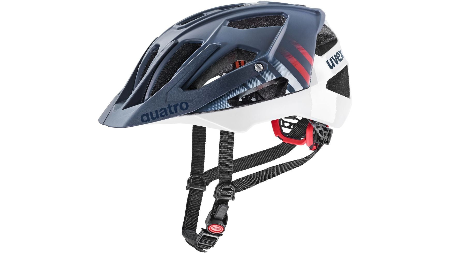 Der UVEX Uvex Quatro CC ist ein blau-weißer MTB-Helm mit schwarzen Belüftungslöchern, roten Akzentstreifen, "Quattro"-Branding, roten und schwarzen verstellbaren Riemen, Double-Inmould-Technologie, einer sicheren Kinnschnalle und einem verstellbaren Visier.