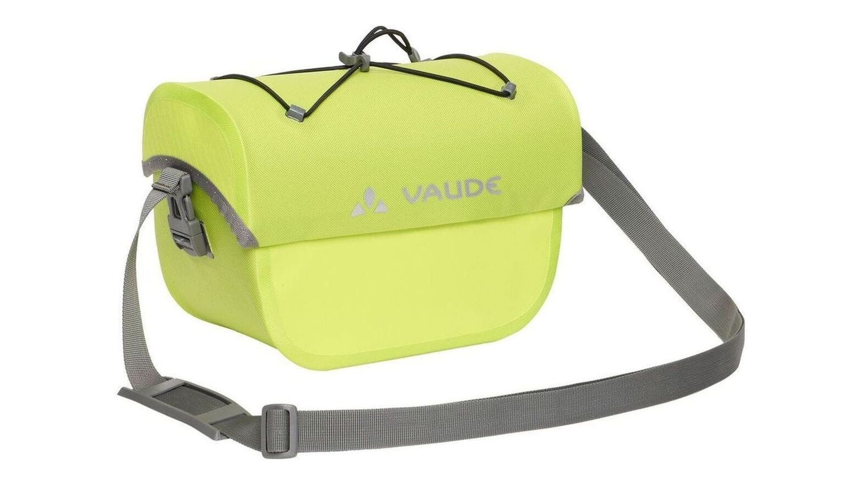 Die VAUDE Aqua Box 4 Lenkertasche, eine leuchtend gelb-grüne, wasserdichte Lenkertasche mit Überschlag, grauem, verstellbarem Gurt, seitlicher Schnalle und oberer elastischer Kordel, eignet sich perfekt als Fahrradtasche - hier auf weißem Grund.