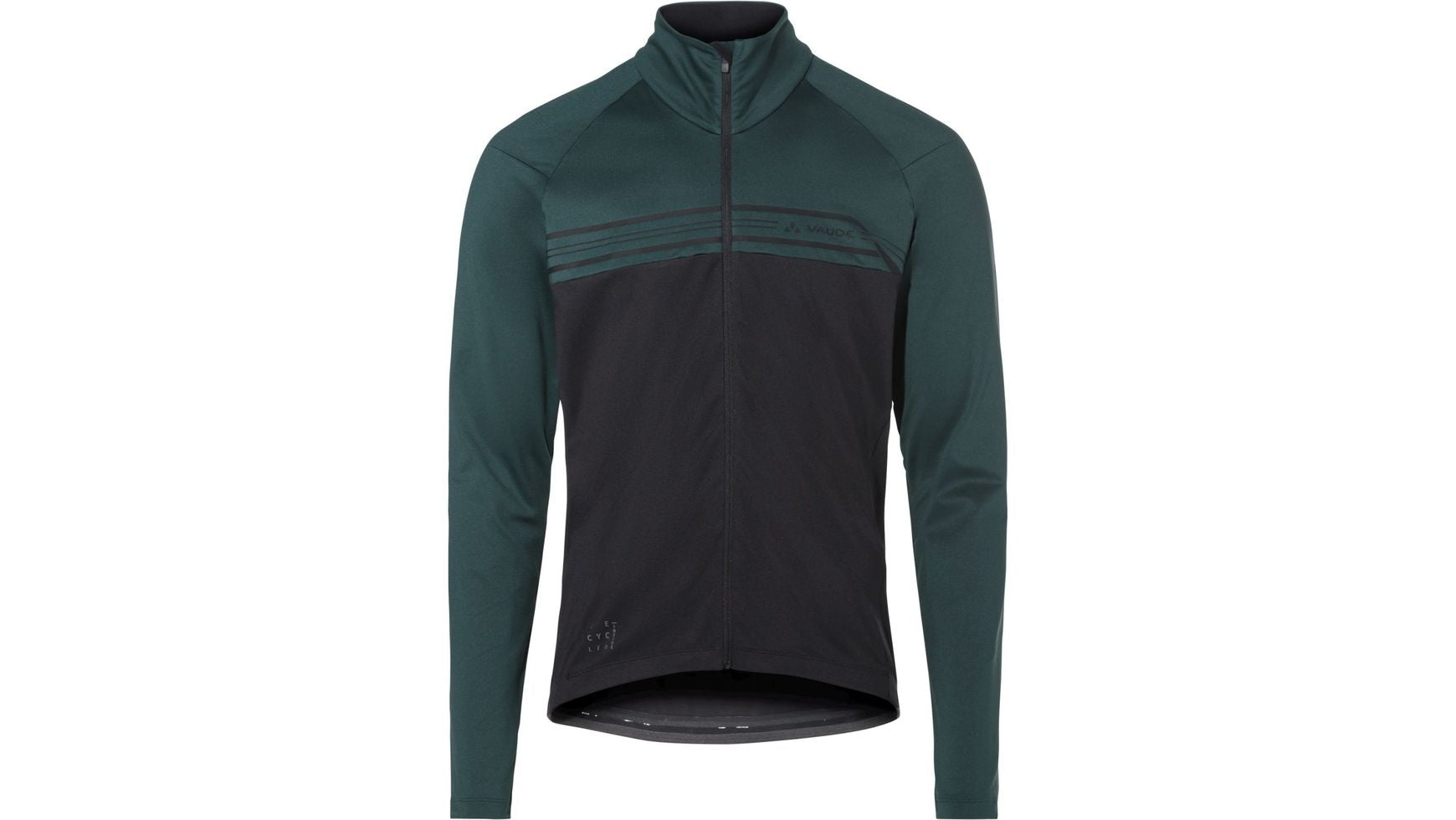 Das VAUDE Men's Posta LS Tricot II ist ein langärmeliges Radtrikot für Straßen- und Schotterfahrten mit Reißverschlusskragen, dunkelgrünen Ärmeln und Brust, schwarzem Unterkörper, dezenten Querstreifen und einem kleinen Logo auf der linken Brustseite.