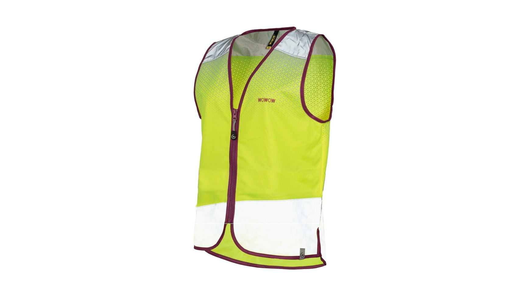 Die WOWOW Yara Jacket ist eine ärmellose Sicherheitsweste in leuchtendem Gelb-Grün mit reflektierenden silbernen Einsätzen und kastanienbraunen Zierleisten. Sie wurde für Pendler in der Stadt entwickelt, die eine bessere Sichtbarkeit wünschen, und ist auf einem schlichten weißen Hintergrund abgebildet.