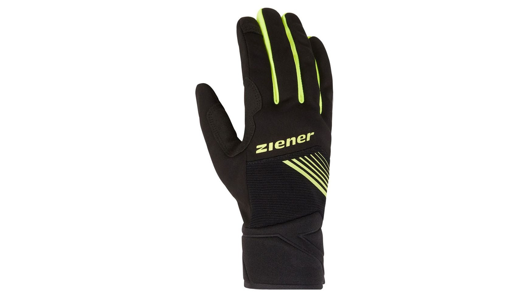 Der Ziener DIRICH-Z TOUCH by ZIENER ist ein schwarzer, winddichter Winterradhandschuh mit gelben Streifen und Akzenten, mit dem ZIENER-Logo und Designdetails auf dem Handrücken und dem Handgelenk. Die Handfläche ist abgewandt dargestellt.