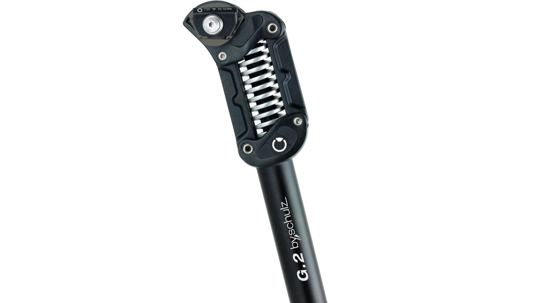 Die BYSCHULZ G.2 LT 34,9/480 mm ist eine schwarz gefederte Sattelstütze mit sichtbarer Schraubenfeder und Parallelogramm-Mechanik, ideal für E-Bikes. Das bySchulz-Logo befindet sich auf dem unteren Teil; das Produkt ist auf weißem Hintergrund abgebildet.