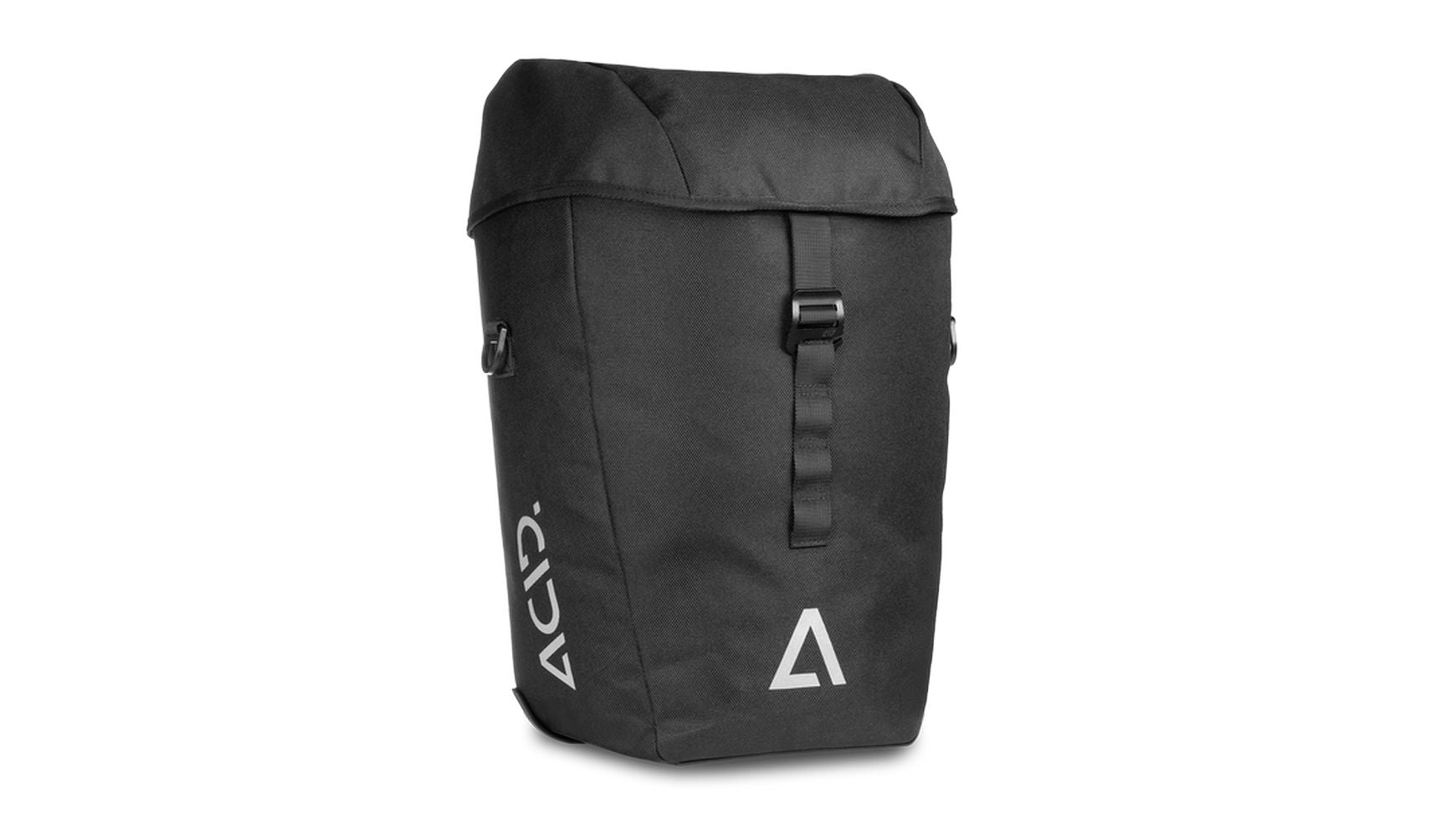 Der ACID CITY 20 SMLink 2.0 ist eine schwarze, rechteckige Fahrradtasche mit einer oberen Klappe, einem Frontclip-Verschluss, einem vertikalen weißen "ACID."-Schriftzug an der Seite und einem Dreieck-Logo auf der Vorderseite. Kompatibel mit SMLink 2.0-Systemen.