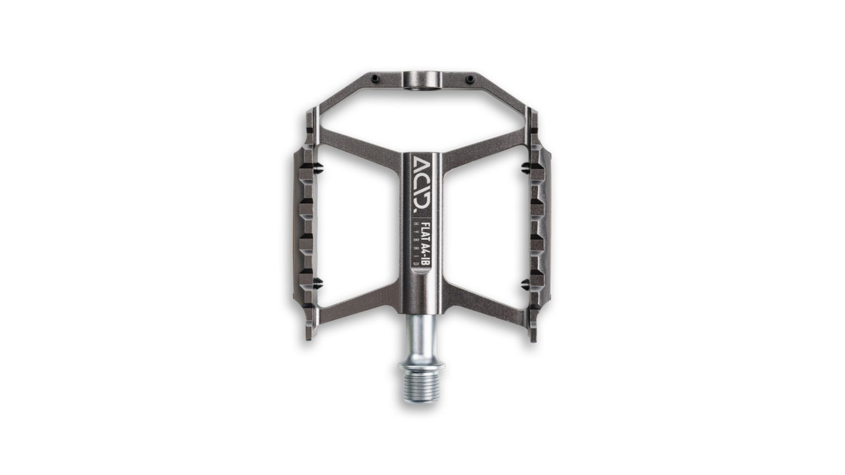 Das ACID FLAT A4-IB Hybrid Pedale von ACID ist ein schwarz-silbernes, flaches, rechteckiges Pedal mit Metallstiften, sichtbarer Achse und integrierten Reflektoren, das auf einem schlichten weißen Hintergrund steht.