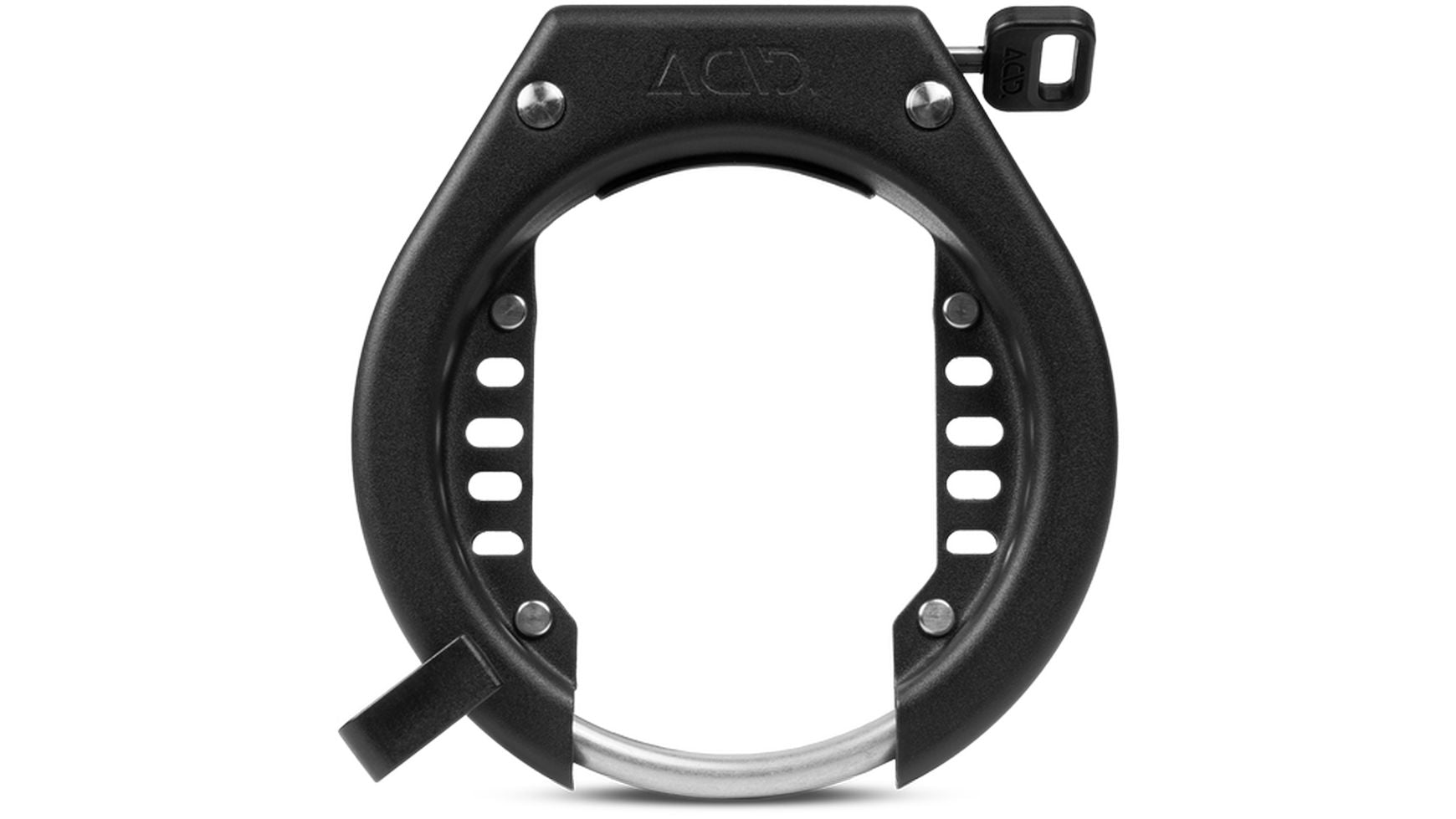 Das ACID LATCH 6078 D Rahmenschloss von ACID ist ein schwarz-silbernes Fahrradschloss mit Wetterschutz, einem Schlüsselloch oben rechts und einer offenen Mitte, das für die Rahmenmontage konzipiert ist, um den Diebstahlschutz zu erhöhen.
