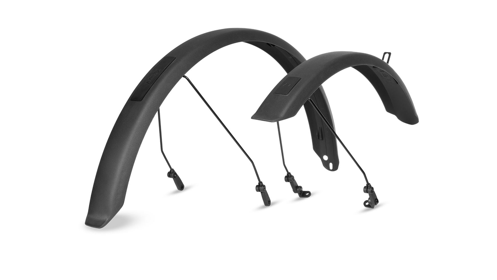 Zwei schwarze ACID ROOKIE 55 20" BB Mount 2.0 Fahrradschutzbleche von ACID, die mit Metallstangen ausgestattet sind, stehen aufrecht vor einem weißen Hintergrund.