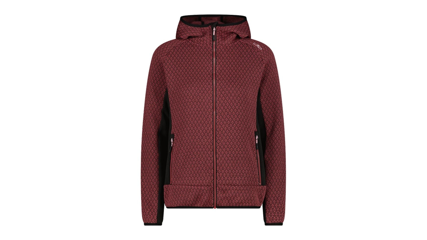 Die CMP Woman JACKET FIX HOOD von CMP ist eine rote Fleecejacke mit Reißverschluss, Kapuze, dezentem geometrischem Muster, schwarzen Seiteneinsätzen, Fronttaschen und langen Ärmeln für optimale Wärme - perfekt für Aktivitäten im Freien. Abgebildet auf weißem Hintergrund.
