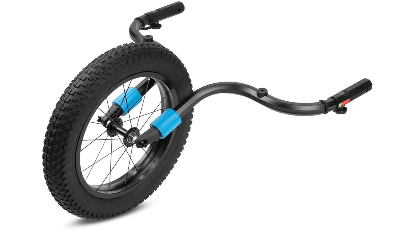 Verwandeln Sie Ihren Kinder-Fahrradanhänger in einen Outdoor-Buggy mit dem CUBE Fat Wheel Jogger Kit: ein einzelnes großes schwarzes Rad mit dickem Profil, blaue Stoßdämpfer und schwarze Griffe - alles von CUBE.