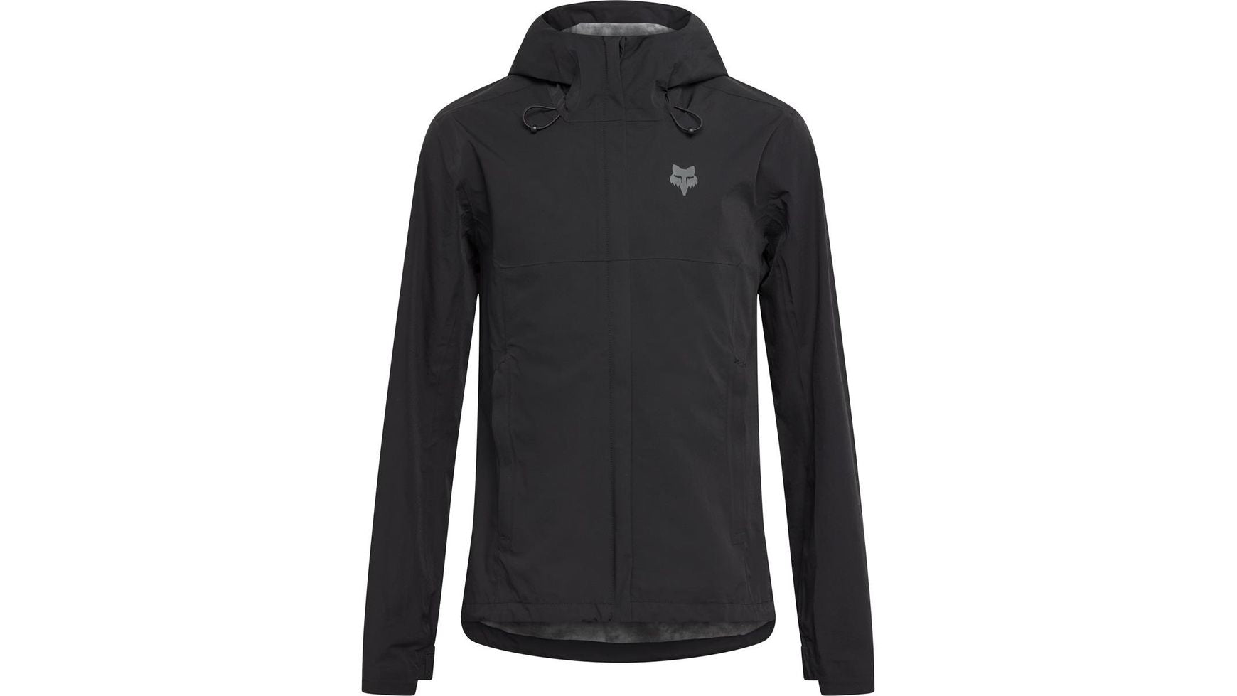 Die FOX RANGER WATER JACKET (BLK) ist eine schlichte, schwarze, wasserdichte und atmungsaktive Trail-Jacke mit kleinem Fuchskopf-Logo, langen Ärmeln, Front-Reißverschluss und verstellbaren Kapuzenkordeln.