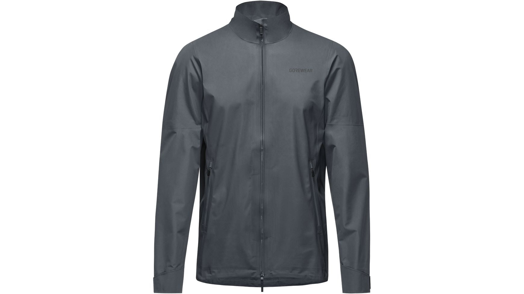 Die Gore Swiftride GTX Jacke von GORE ist eine dunkelgraue, leichte, minimalistische GORE-TEX Regenjacke mit langen Ärmeln, hohem Kragen, Frontreißverschluss und zwei Seitentaschen mit Reißverschluss. Keine sichtbaren Logos oder Muster.