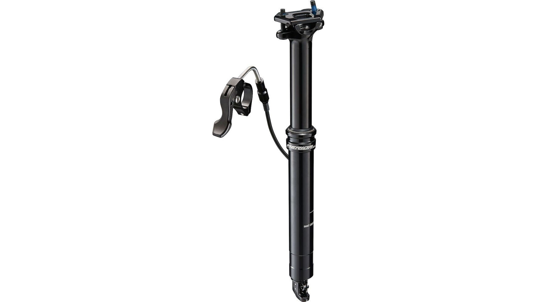 Die MERIDA Comp TR 125 mm 30,9/410 mm ist eine schwarze Sattelstütze mit Kabel und Remote-Hebel, die eine Einstellung der Sattelhöhe ermöglicht.