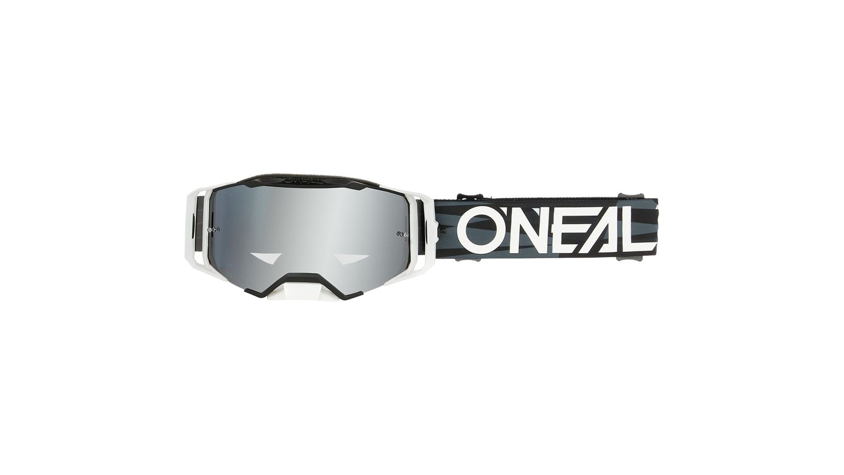 Die O'NEAL B-33 Goggle ICTUS hat ein weißes und schwarzes Design, ein reflektierendes, schlagfestes Spritzgussglas und ein verstellbares Band mit auffälligem weißem O'NEAL-Branding.