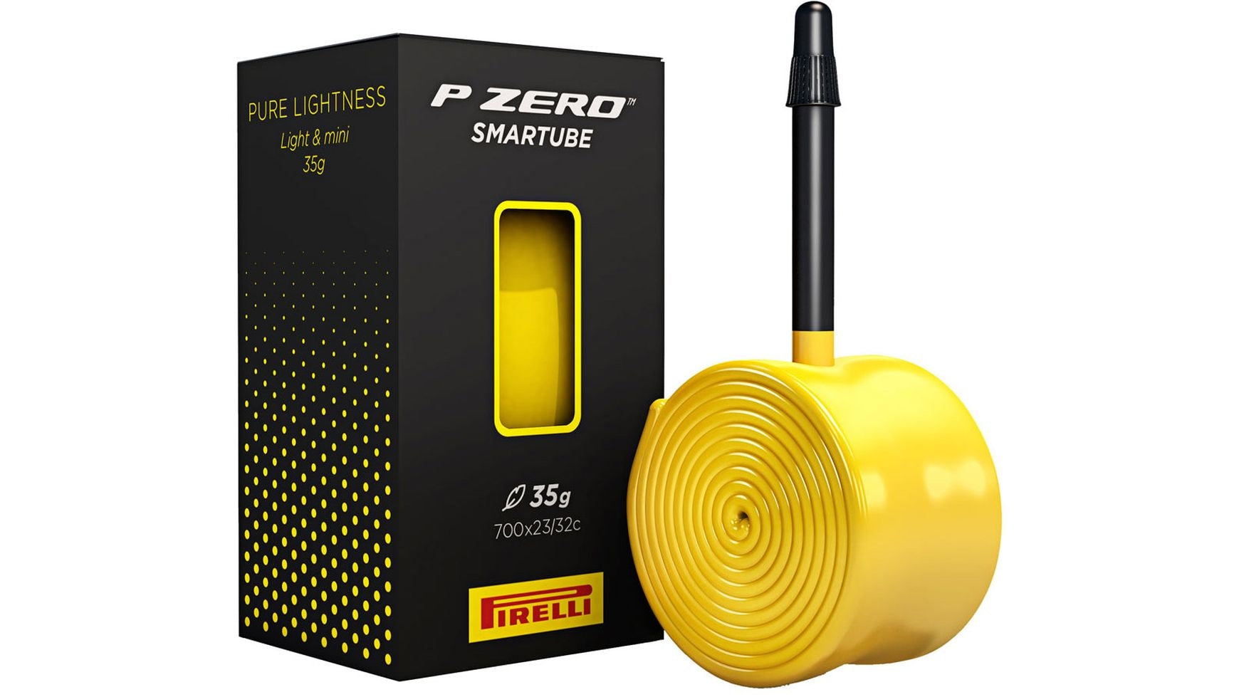 Der PIRELLI P Zero SmarTube 80mm ist in seiner schwarz-gelben Verpackung aufgerollt zu sehen. Er verfügt über ein leichtes TPU-Design für 700x23/32C-Reifen und wiegt nur 35 g.