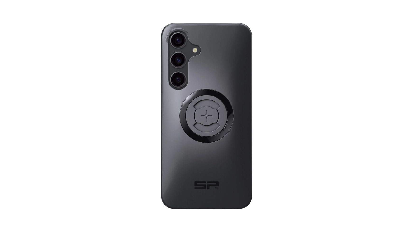 Ein schwarzes SP CONNECT SP Phone Case SPC+ ist an einem Samsung S24 angebracht und zeigt drei rückwärtige Kameras und eine kreisförmige MagSafe-kompatible Halterung in der Mitte der Rückseite, mit einem minimalistischen Design und dem SP-Logo an der Unterseite.