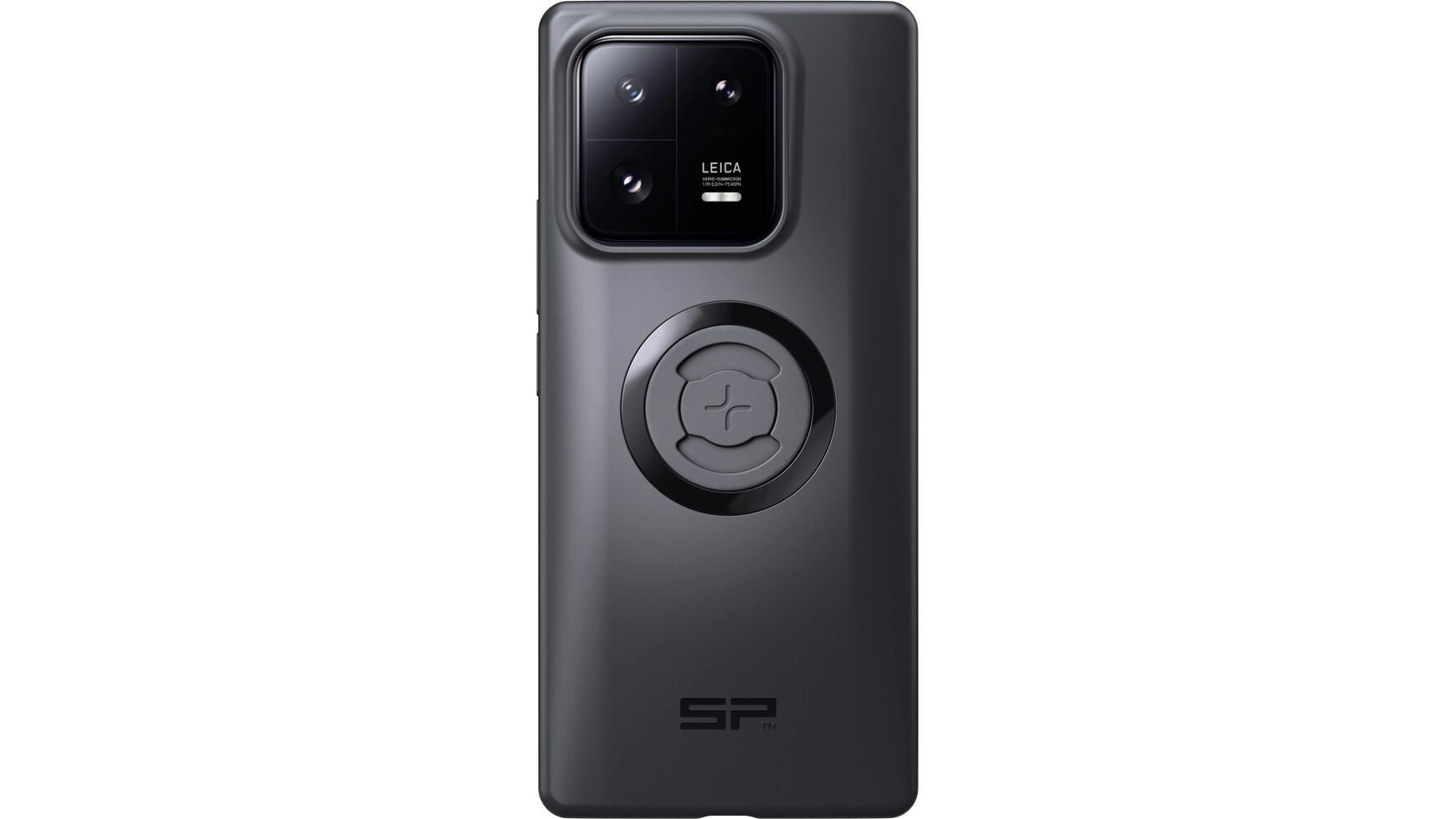 Ein schwarzes SP CONNECT SP Phone Case SPC+ für das Xiaomi 13 Pro, MagSafe-kompatibel, von hinten mit einem großen quadratischen Kameramodul mit vier Linsen, einem zentralen runden Design und dem SP-Branding im unteren Bereich.