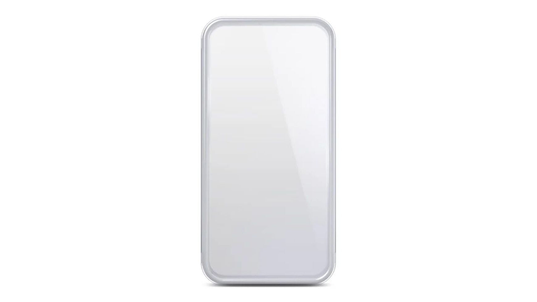 Ein rechteckiger, rahmenloser Spiegel mit abgerundeten Ecken steht aufrecht vor einem weißen Hintergrund - ideal für die Verwendung mit dem SP CONNECT SP SPC+ Weather Cover für iPhone 12 PRO.
