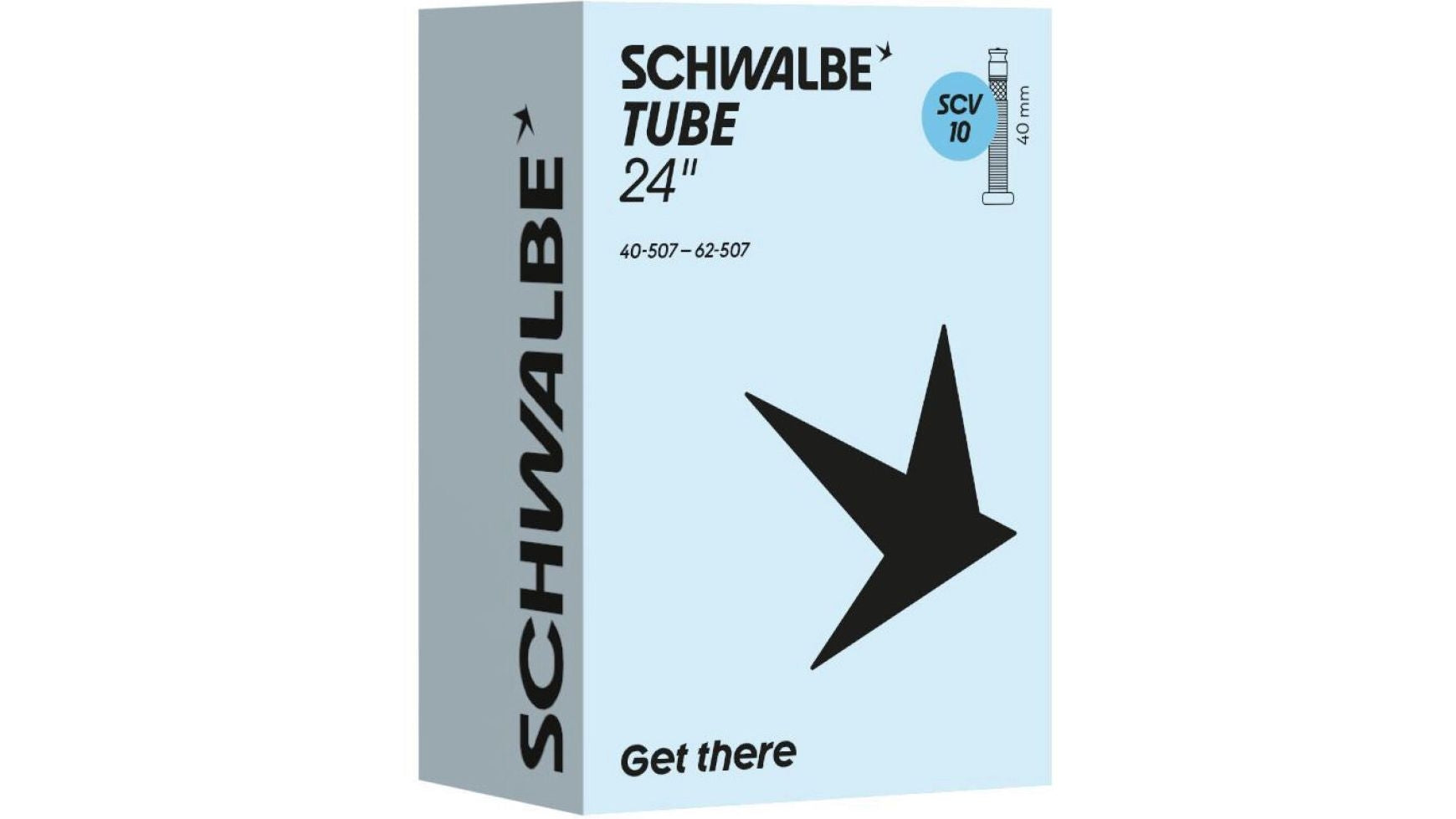 Eine Schachtel SCHWALBE Schwalbe SCV10 24" 40 mm Schlauch mit einer großen schwarzen Pfeilgrafik, einem Clik Valve Detail und dem Text "Get there" auf der Vorderseite.