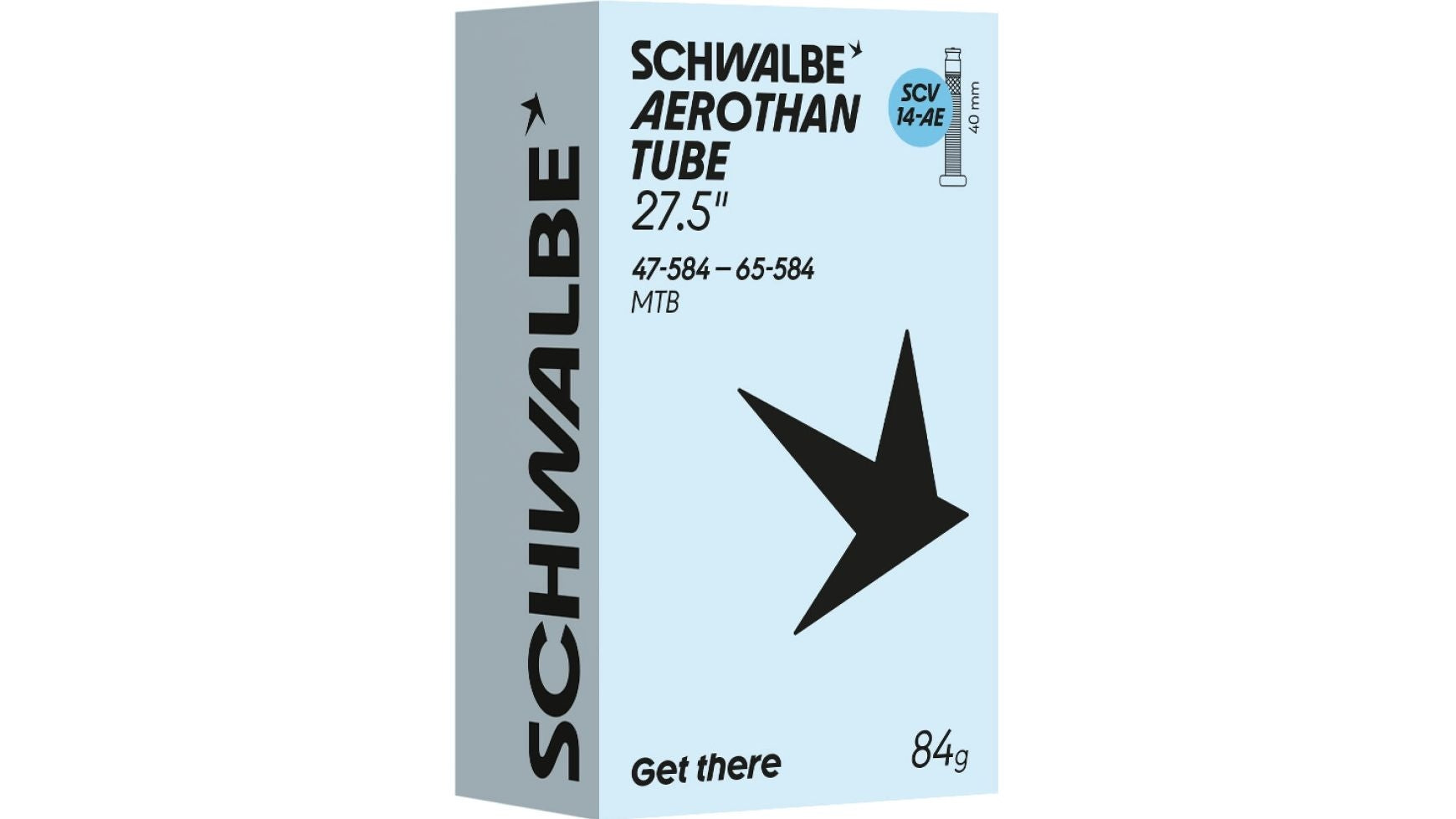 Der SCHWALBE Aerothan SCV14-AE 27,5"-Schlauch wird in einer hellblauen Verpackung geliefert, die für 27,5"-MTB-Reifen konzipiert ist und deutlich mit den Reifengrößen 47-584 bis 65-584 gekennzeichnet ist. Die Verpackung ist mit einer auffälligen Pfeilgrafik versehen, hebt die leichte Bauweise mit 84 g sowie den Schriftzug „Get there“ hervor und gibt den Ventiltyp (SV 40 mm) an. Dieser leistungsstarke TPU-Fahrradschlauch trägt die Bezeichnung Aerothan SCV14-AE.
