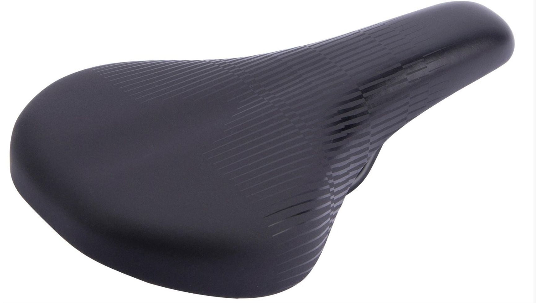 Ein SELLE ROYAL Kinder-/Jugendsattel, schwarz mit glatter, leicht strukturierter ergonomischer Form, konzipiert für Fahrräder 16-20 Zoll, ist auf weißem Hintergrund abgebildet.