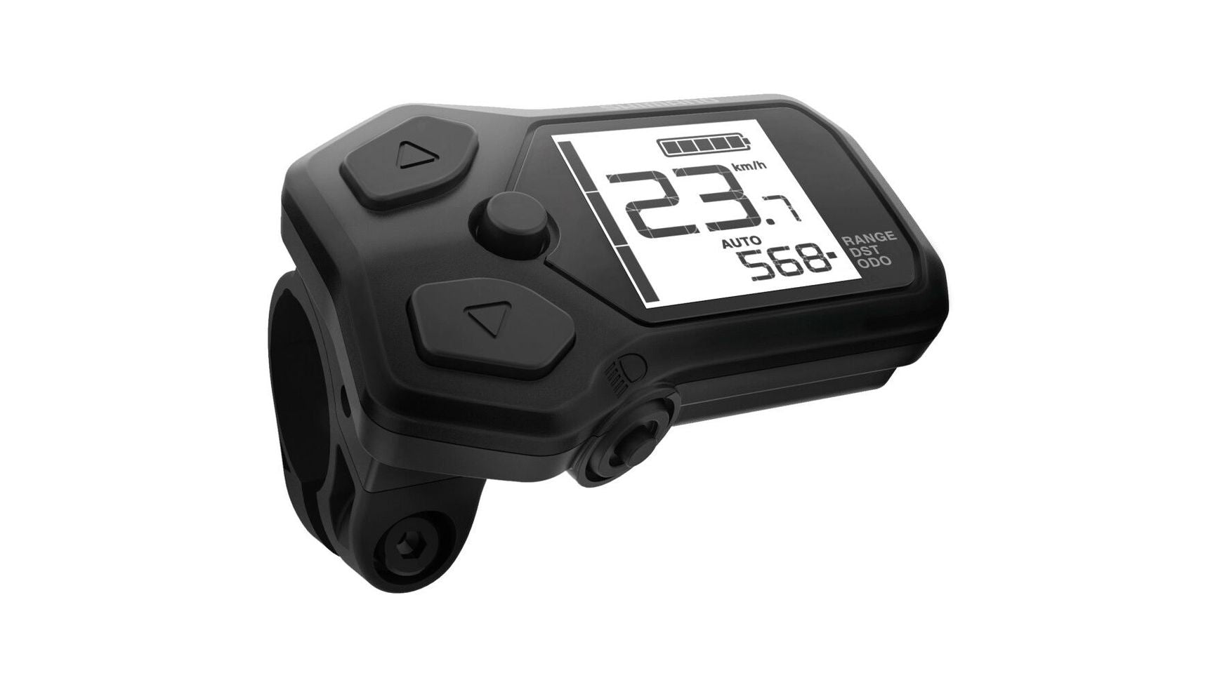 Eine Nahaufnahme des SHIMANO STEPS SC-E5000 Info-Displays zeigt Daten zu Geschwindigkeit, Akkustand, Modus und Reichweite an.