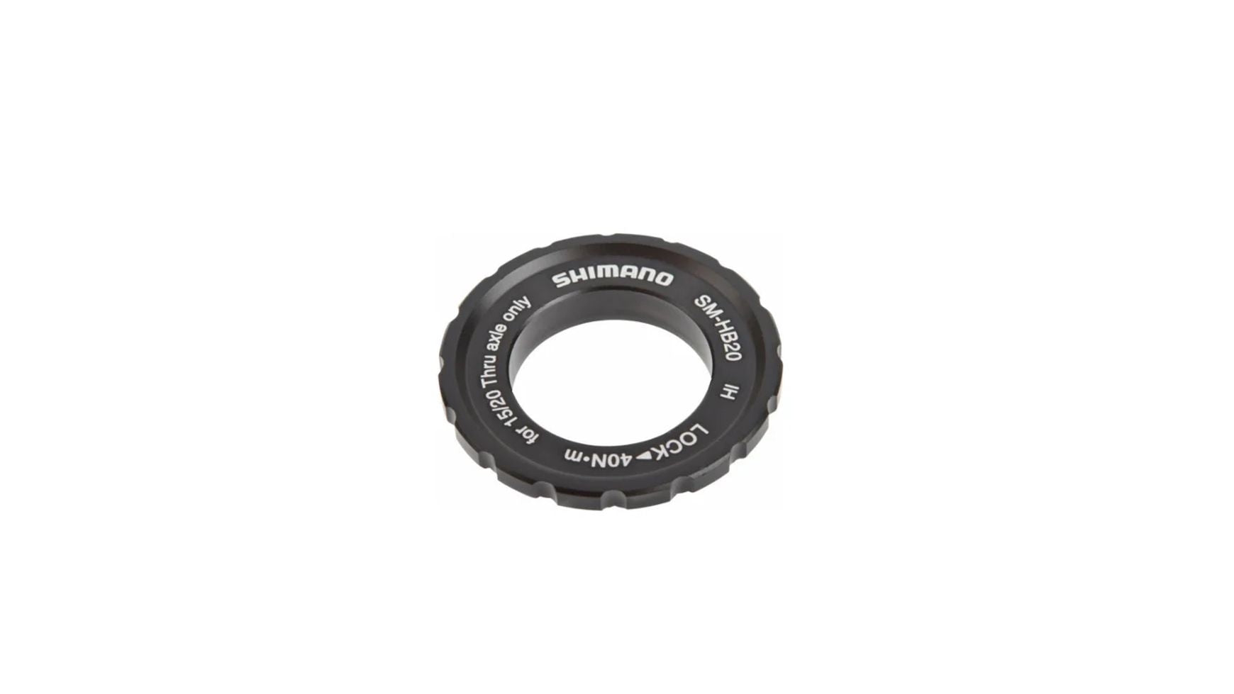 Ein schwarzer SHIMANO SM-HB20 Center-Lock-Ring mit silberner Beschriftung und Teilenummer ist isoliert auf weißem Hintergrund abgebildet. Er wird zur Befestigung von Center-Lock-Bremsscheiben-Komponenten am Fahrrad verwendet.