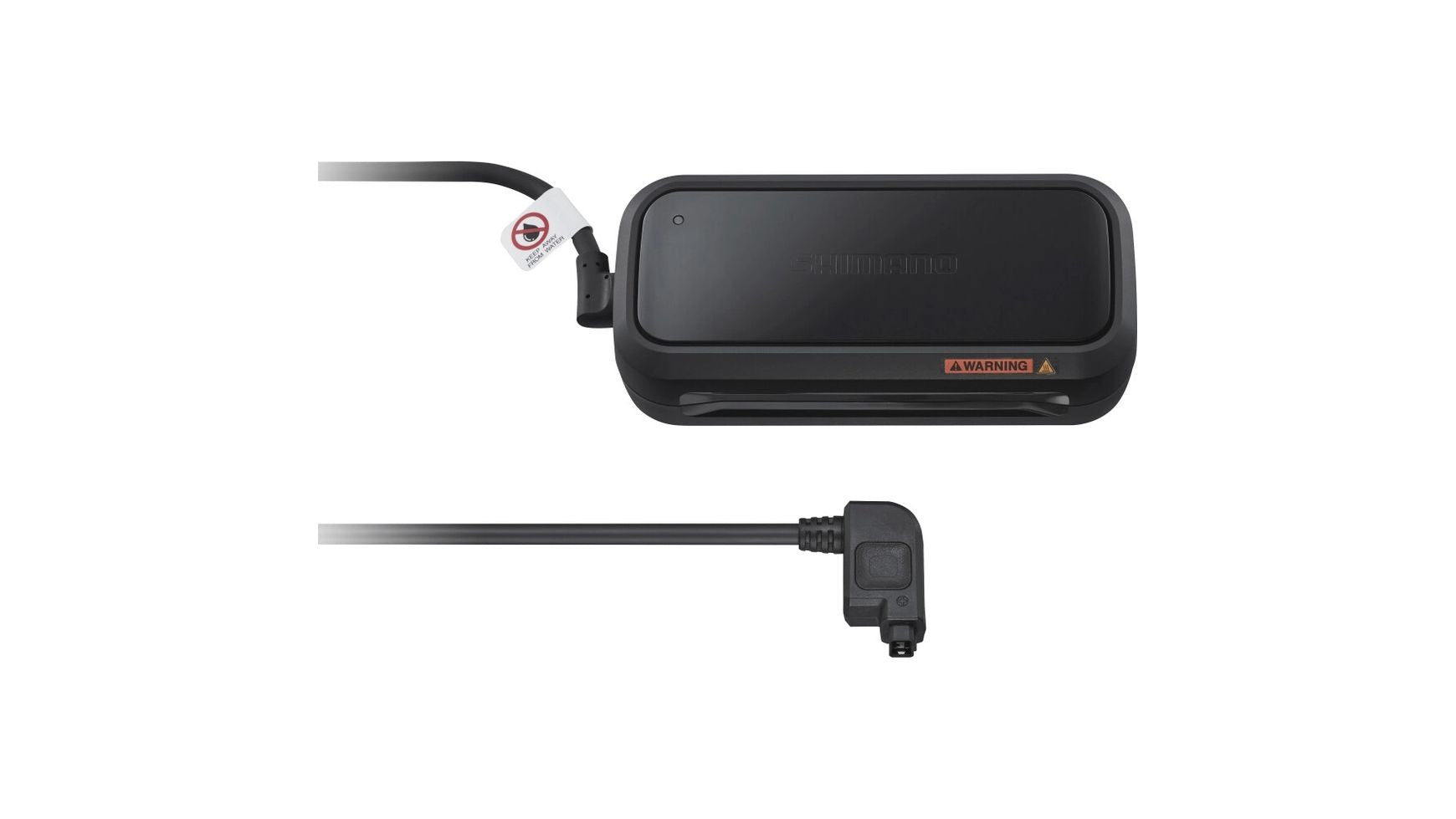 Auf weißem Hintergrund ist ein schwarzes SHIMANO Steps EC-E6002 Ladegerät mit angeschlossenem Kabel und Warnaufkleber zu sehen.