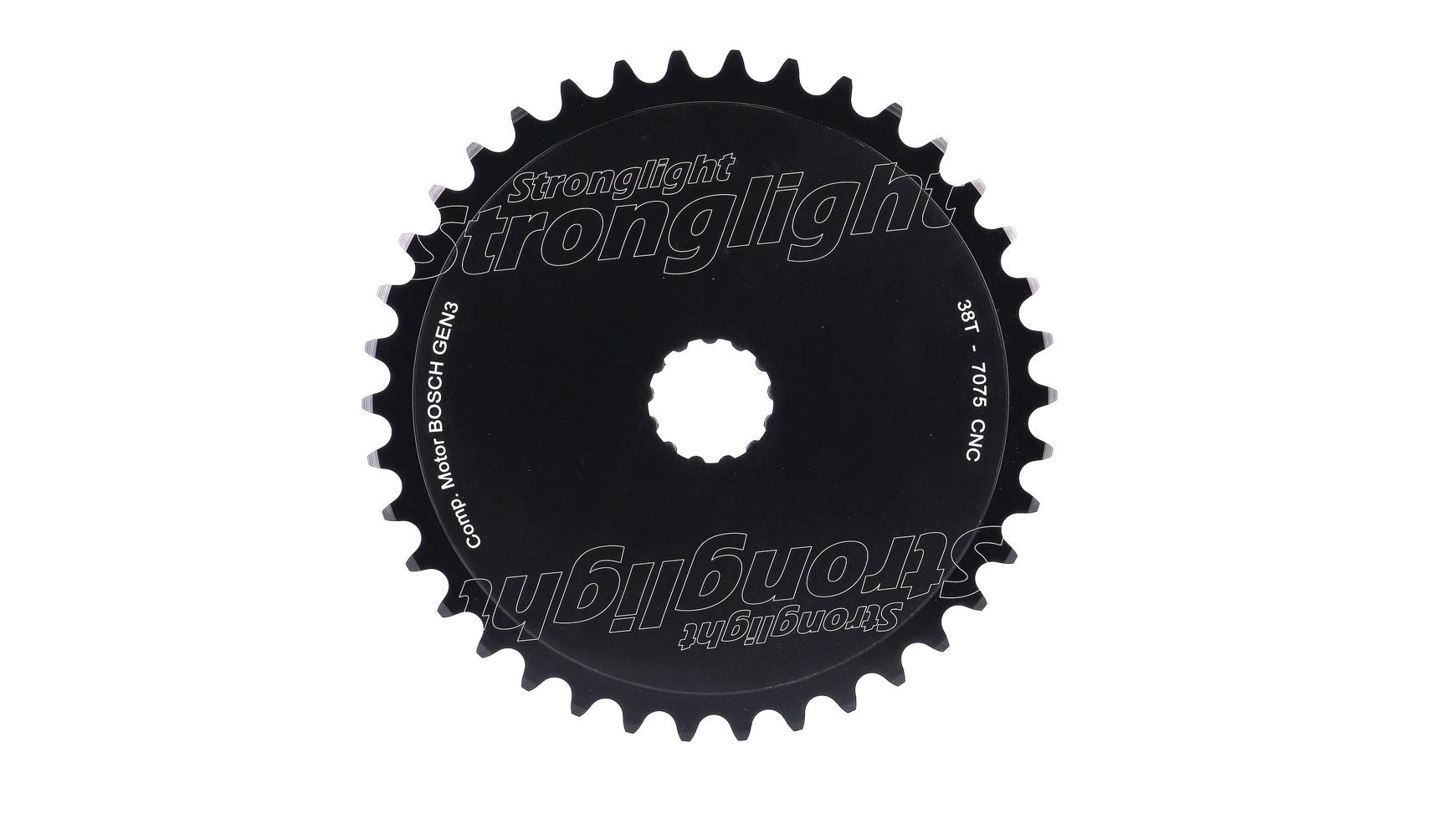 Das STRONGLIGHT Bosch Gen.3 38 Z. DM ist ein schwarzes Kettenblatt mit gleichmäßigen Zahnabständen, einer Direct-Mount-System-Bohrung und dem Schriftzug Stronglight" in silberner Schrift - kompatibel mit Bosch Gen.3 Motoren.