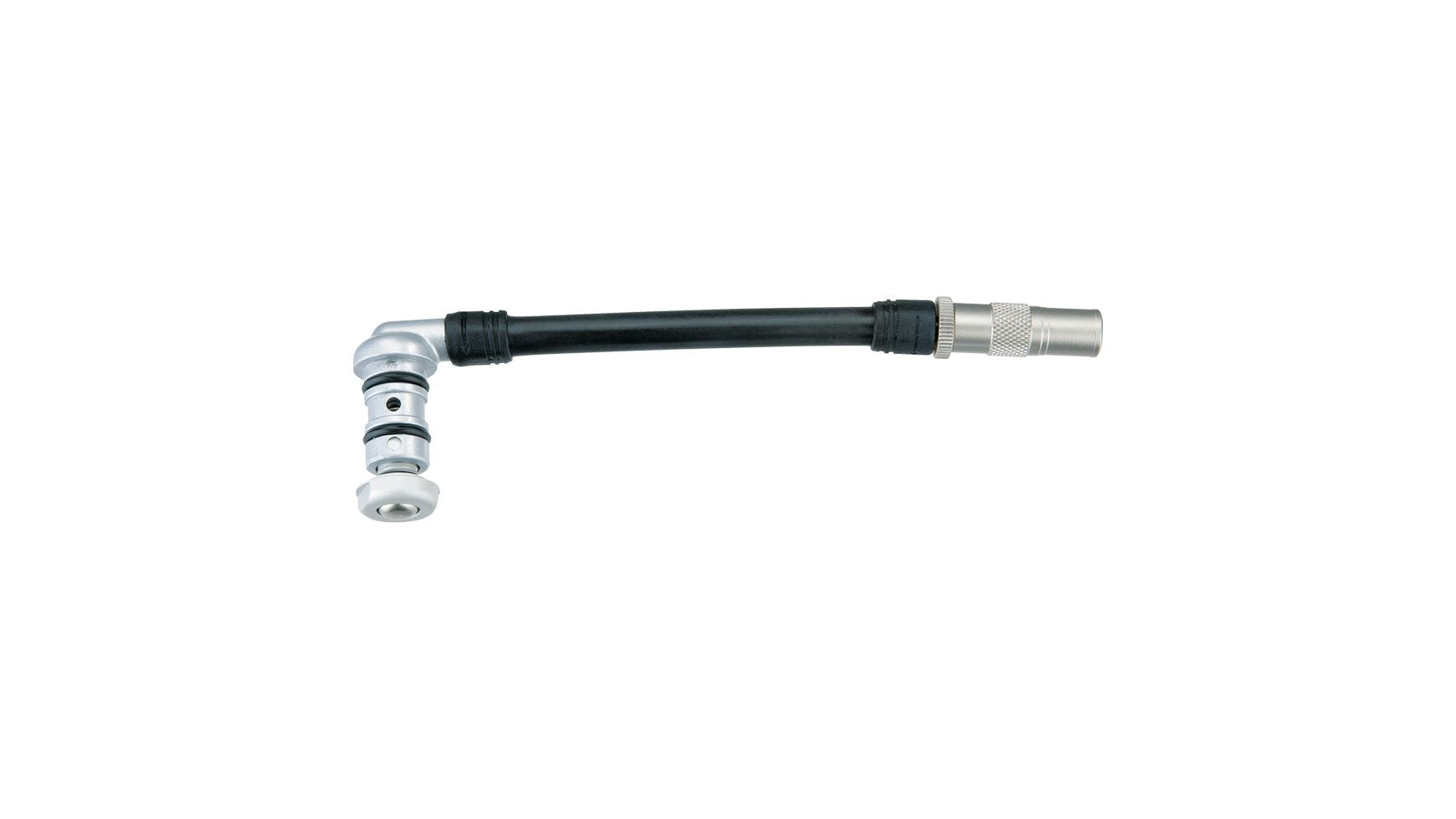 Der TOPEAK Topeak Schlauch+Kopf DXG ist ein kurzer, flexibler Ersatzschlauch mit einem rechtwinkligen und einem geraden Metallanschluss für die Pocket Shock DXG Dämpferpumpe, der hier isoliert auf weißem Hintergrund abgebildet ist.